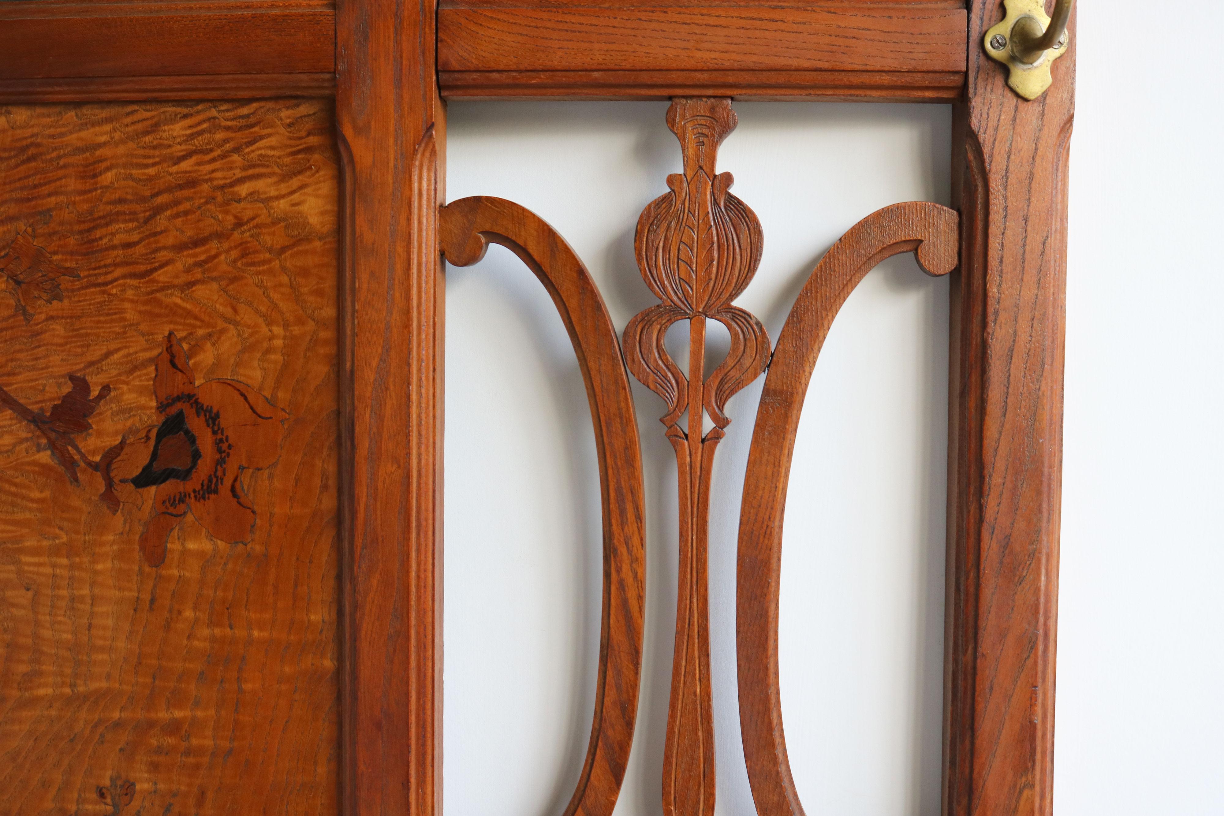 Marquetry French Art nouveau hall tree / coat rack by Emile galle 1905 marquetry hallway For Sale