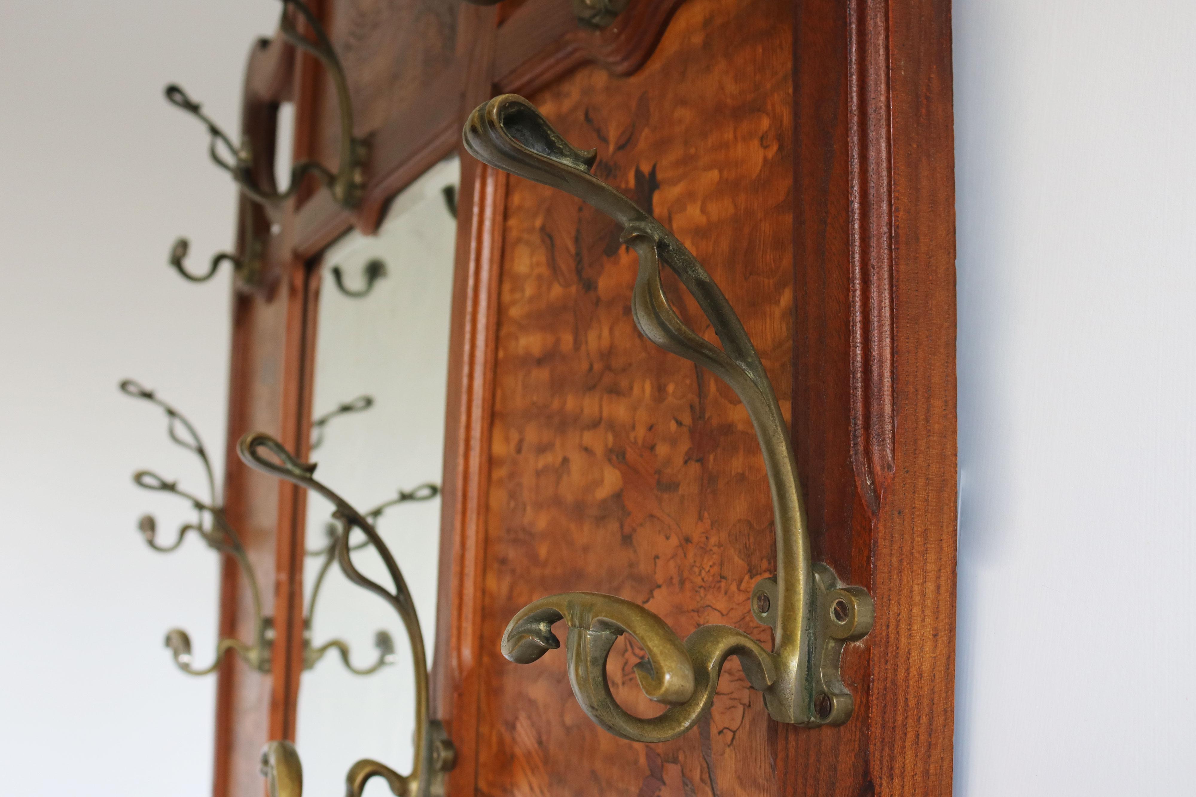 Walnut French Art nouveau hall tree / coat rack by Emile galle 1905 marquetry hallway For Sale