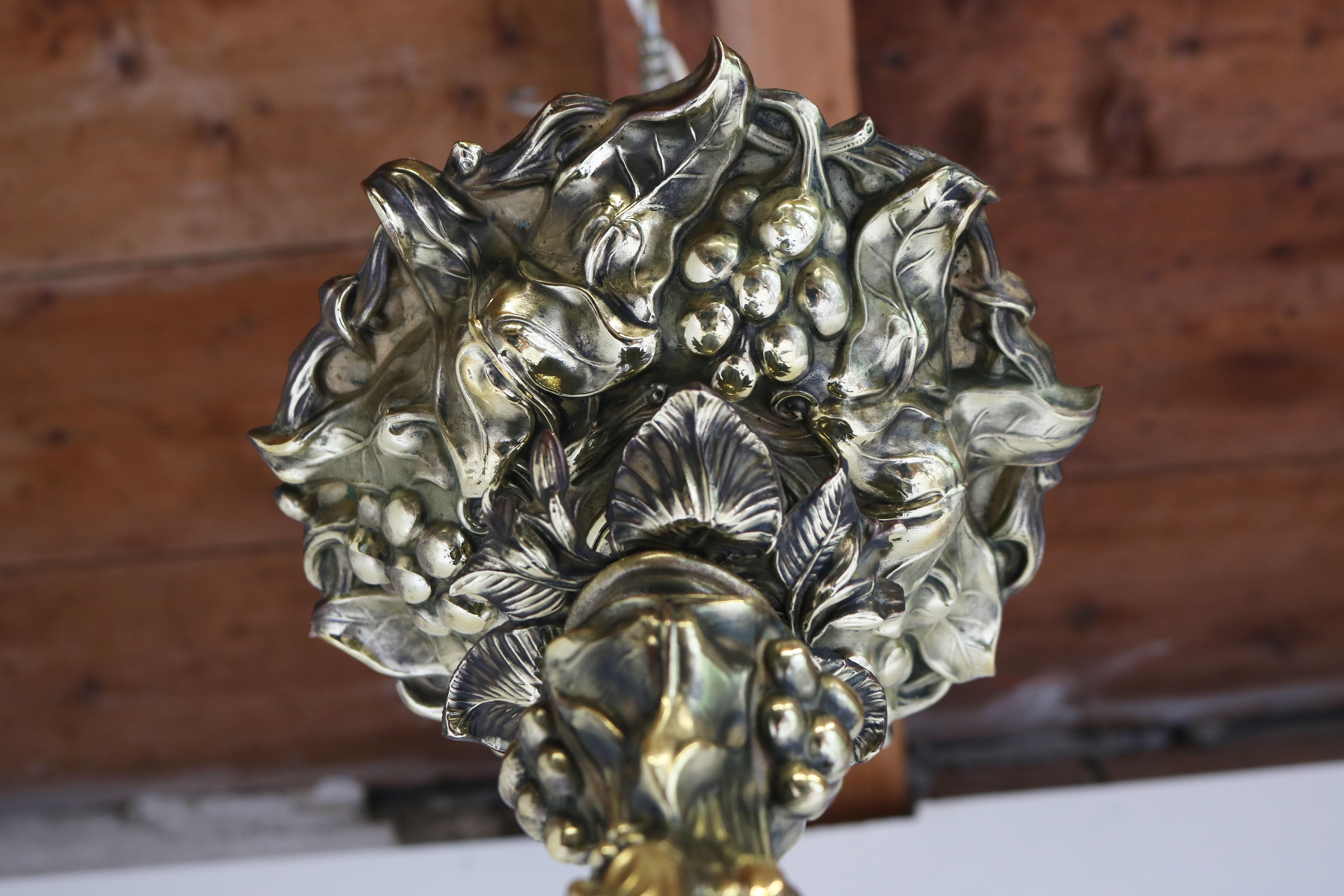 French Art Nouveau Hammered Brass Chandelier 1890 Antique 8 Lights Gold Floral For Sale 8