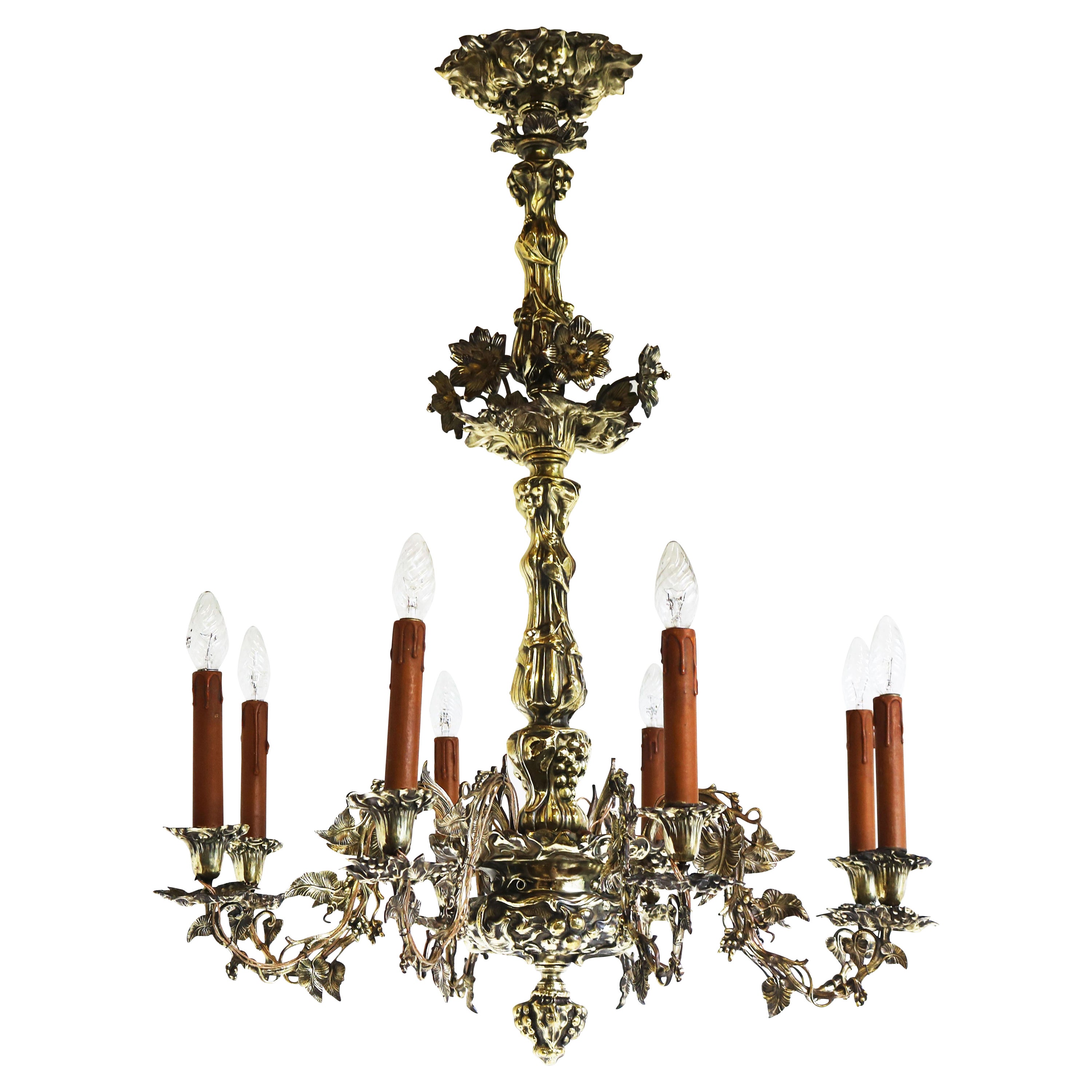 Lustre Art Nouveau en laiton Hammered 1890 Antique 8 Lights Gold Floral