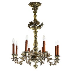 French Art Nouveau Hammered Brass Chandelier 1890 Antique 8 Lights Gold Floral
