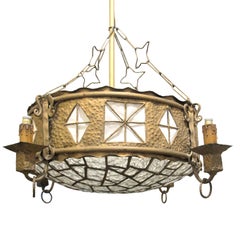 French Art Nouveau Hammered Brass Chandelier with Textured Glass Shade