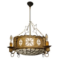 French Art Nouveau Hammered Brass Chandelier with Textured Glass Shade