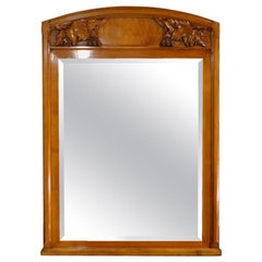 French Art Nouveau Hand Carved Fireplace Mantel Mirror in Solid Cherrywood