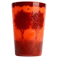 Antique French Art Nouveau Hand Carved Orange Glass Beaker or Petite Vase circa 1900