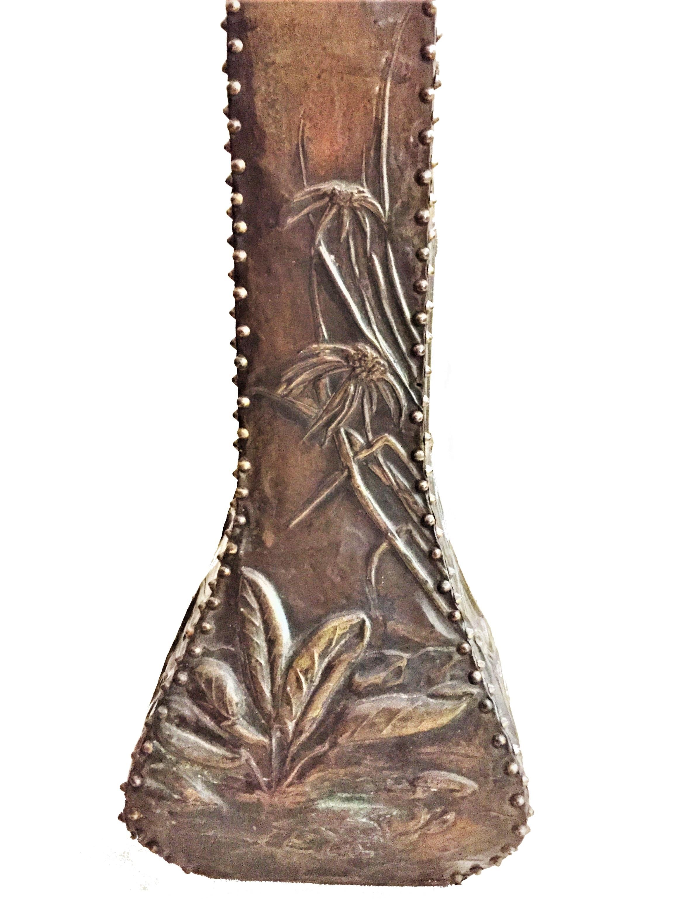 French Art Nouveau, Hand-Hammered Copper, Wood and Leather Flower Vase In Good Condition For Sale In New York, NY