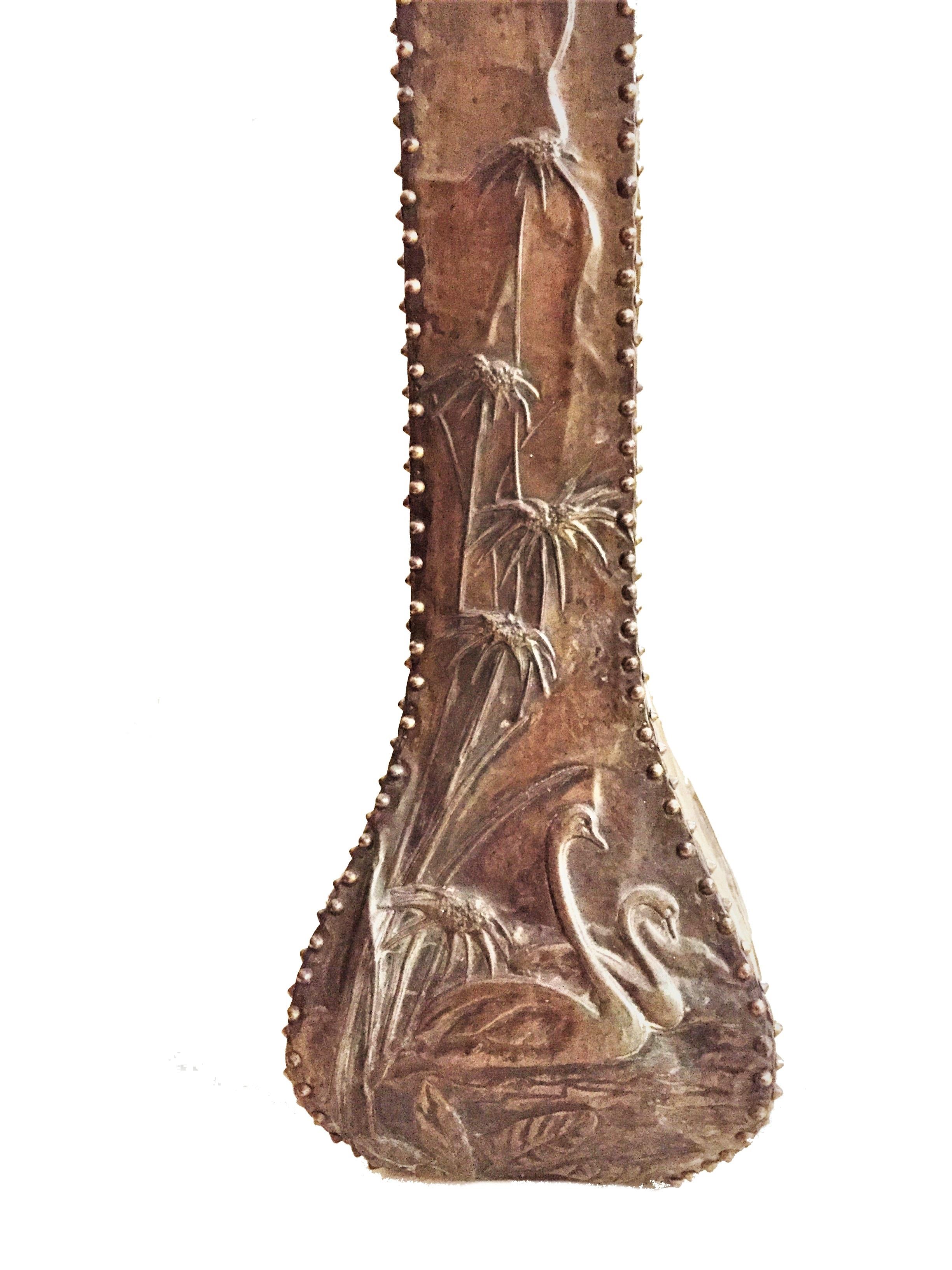 Early 20th Century French Art Nouveau, Hand-Hammered Copper, Wood and Leather Flower Vase For Sale