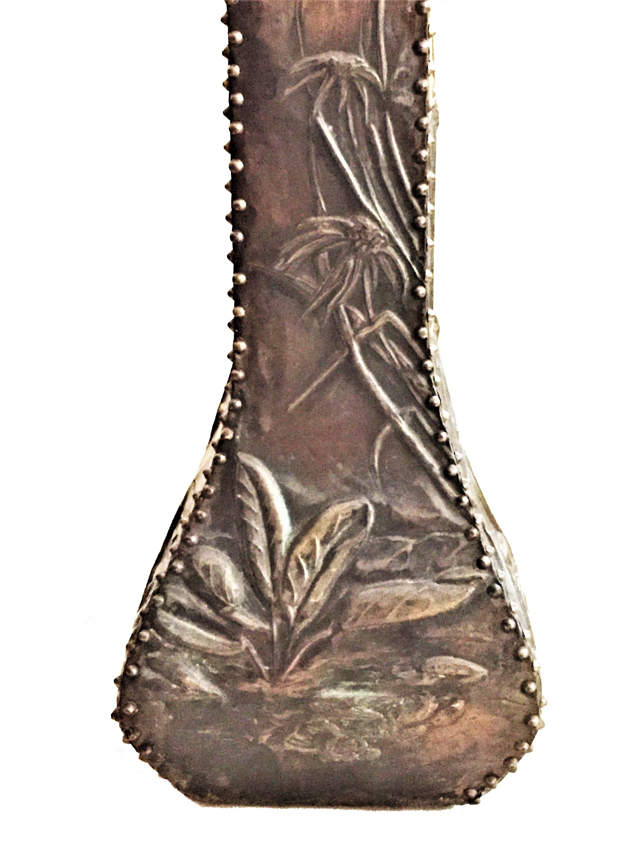 French Art Nouveau, Hand-Hammered Copper, Wood and Leather Flower Vase For Sale 3