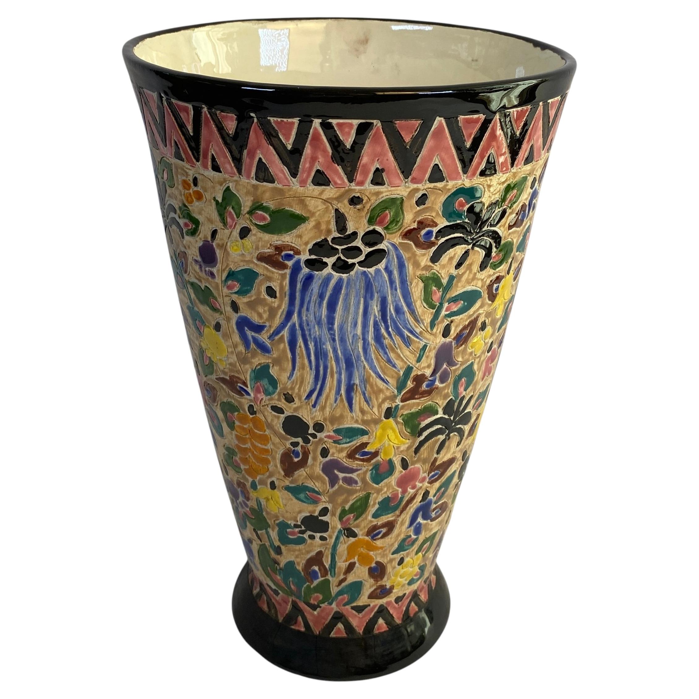 Vase floral en céramique de style Art nouveau français, peint à la main et signé Jérôme Massier en vente