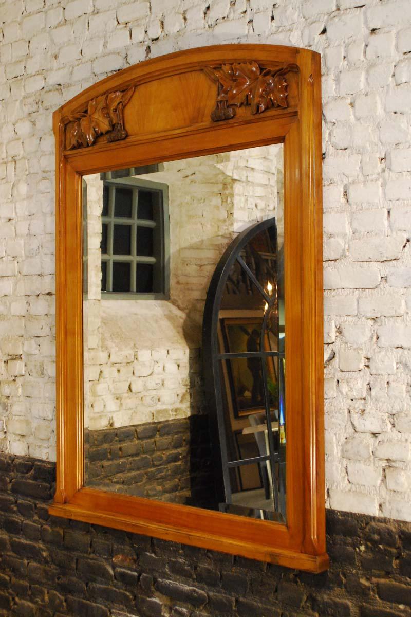 French Art Nouveau Hand Carved Fireplace Mantel Mirror in Solid Cherrywood In Good Condition In Casteren, NL
