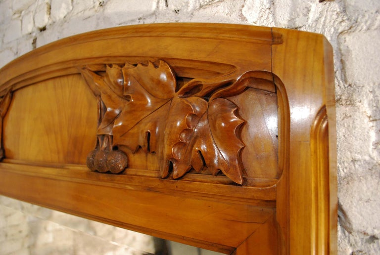 French Art Nouveau Hand Carved Fireplace Mantel Mirror in Solid