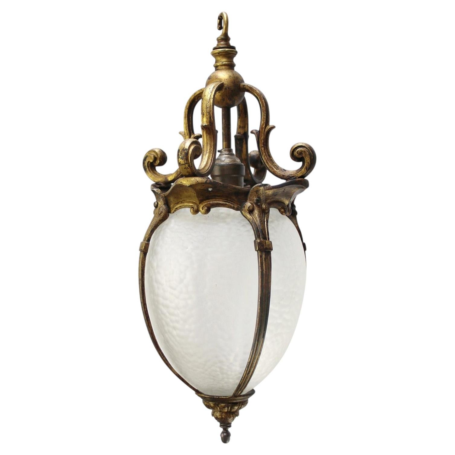 French Art Nouveau Heavy Brass Etched Glass Lantern Pendant Light, 1920s