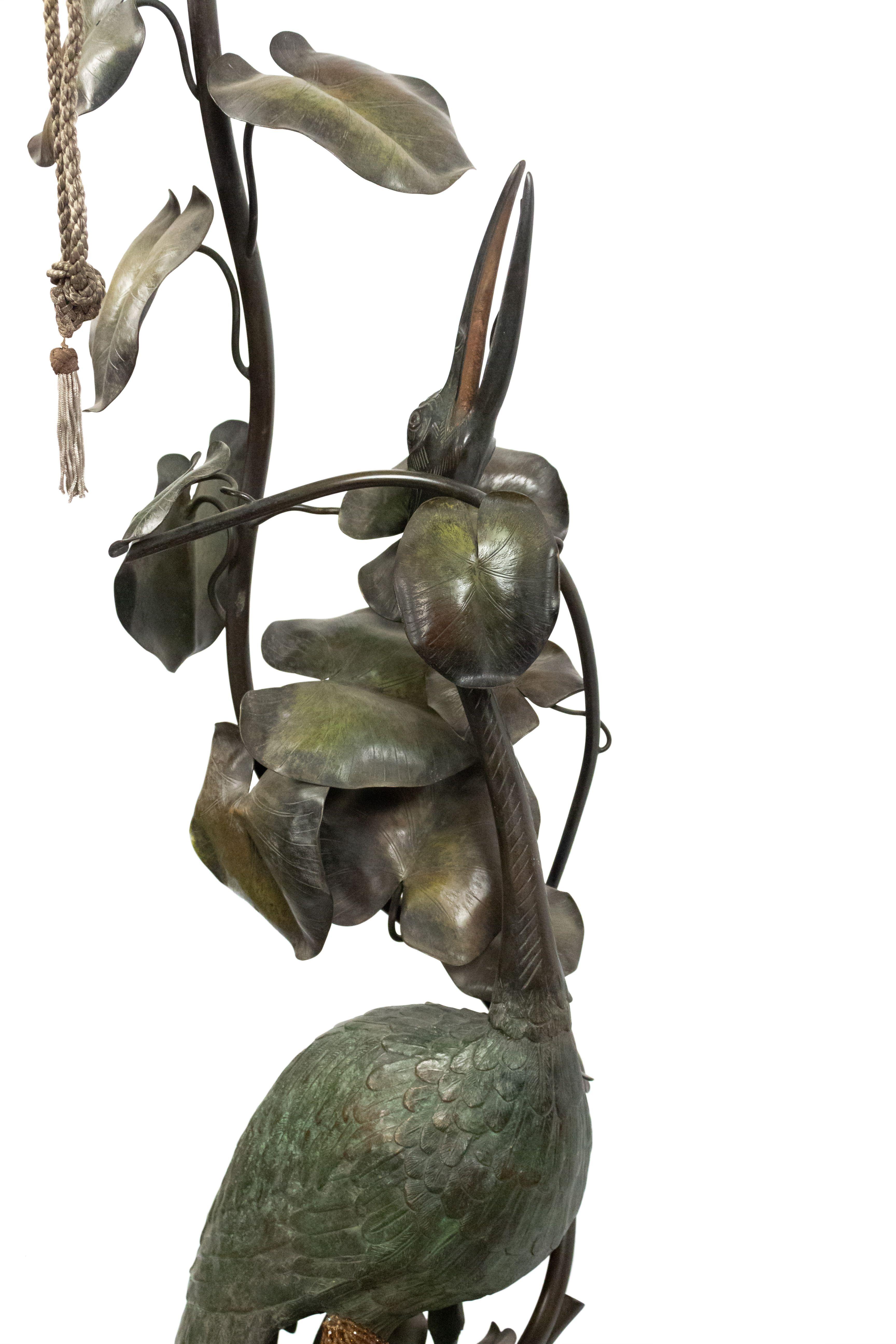 French Art Nouveau Cast Metal Floor Lamp Depicting a Heron with Lily Pads In Good Condition For Sale In New York, NY