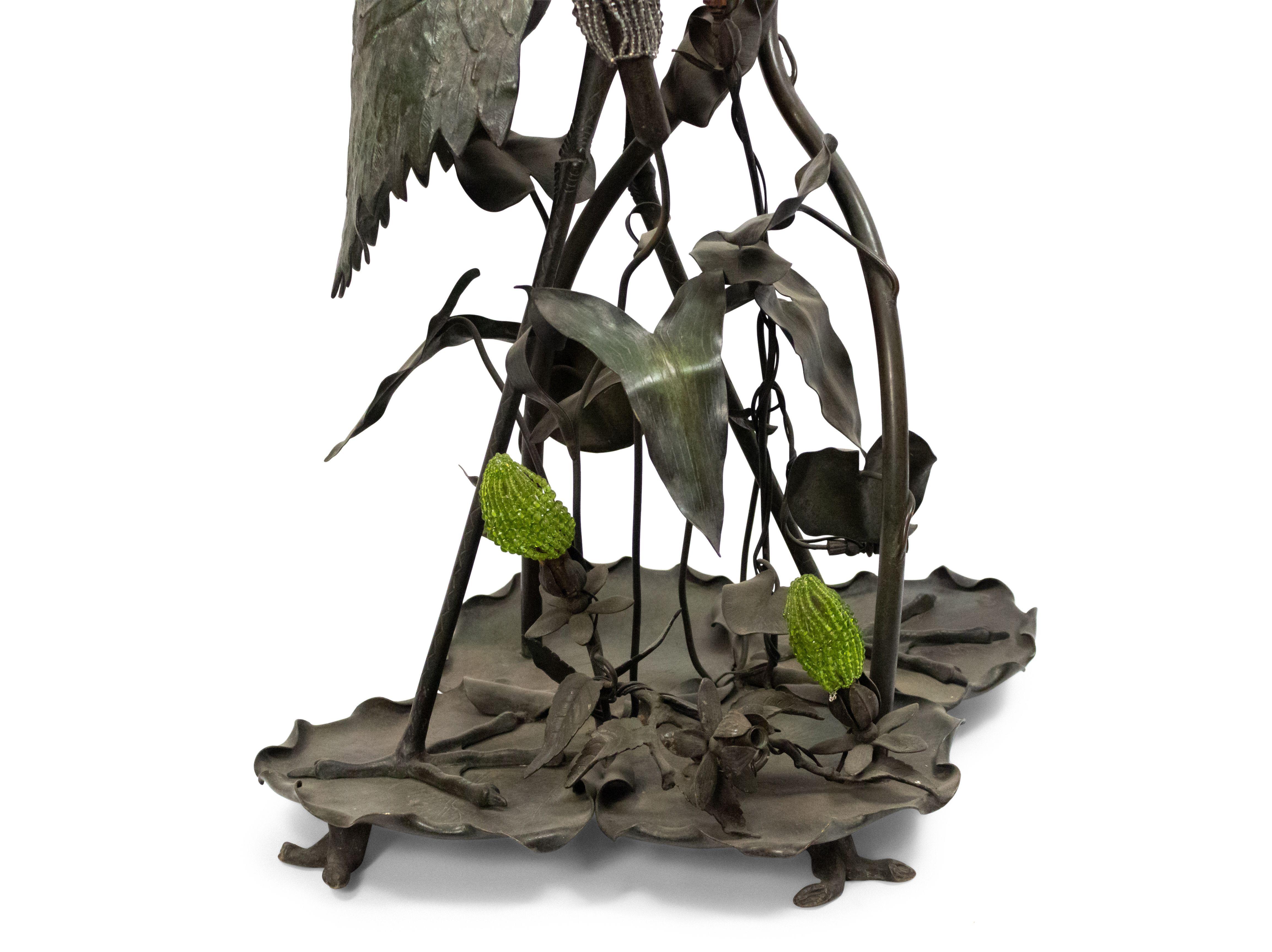 20th Century French Art Nouveau Cast Metal Floor Lamp Depicting a Heron with Lily Pads For Sale