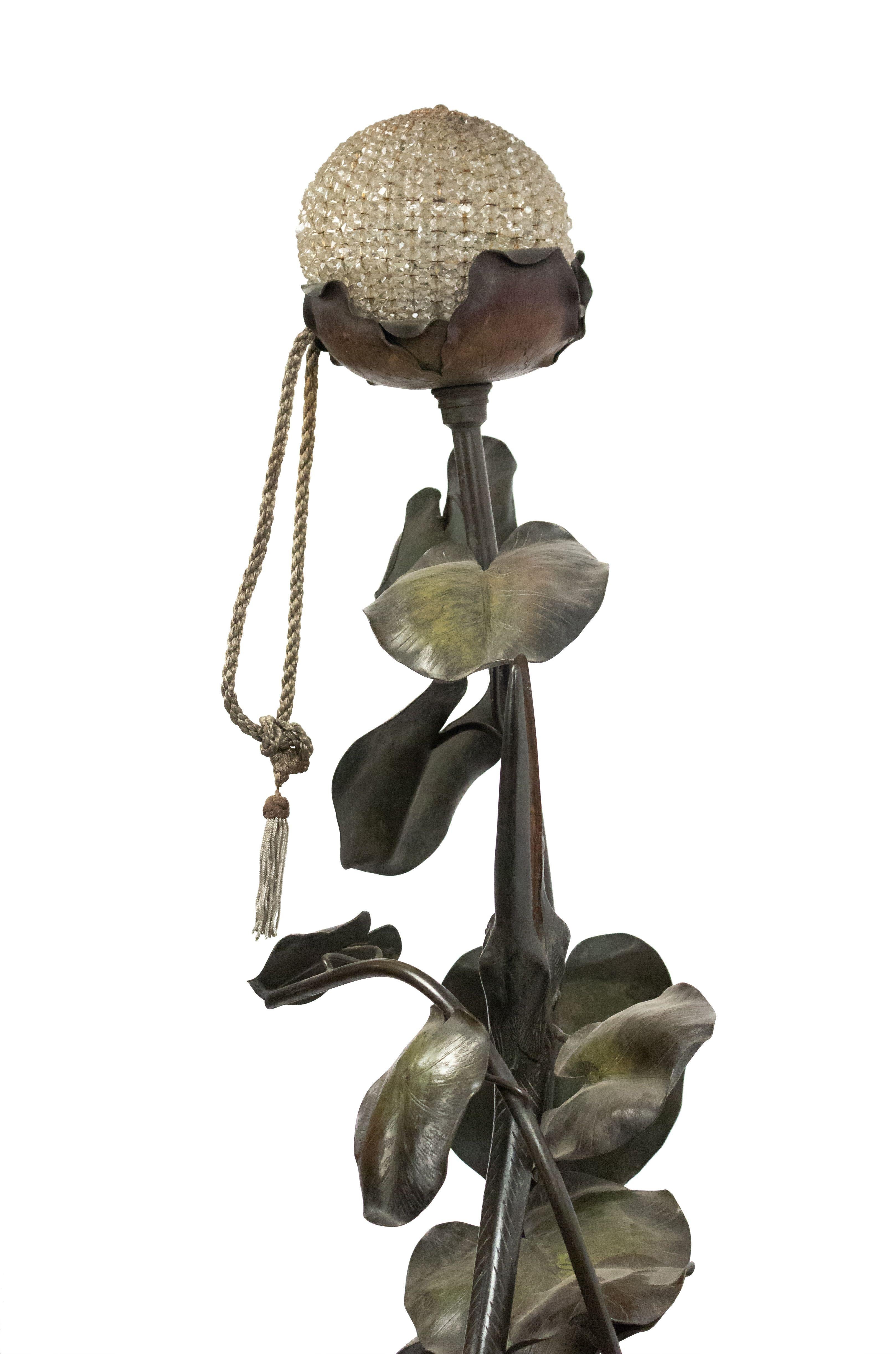 French Art Nouveau Cast Metal Floor Lamp Depicting a Heron with Lily Pads For Sale 2