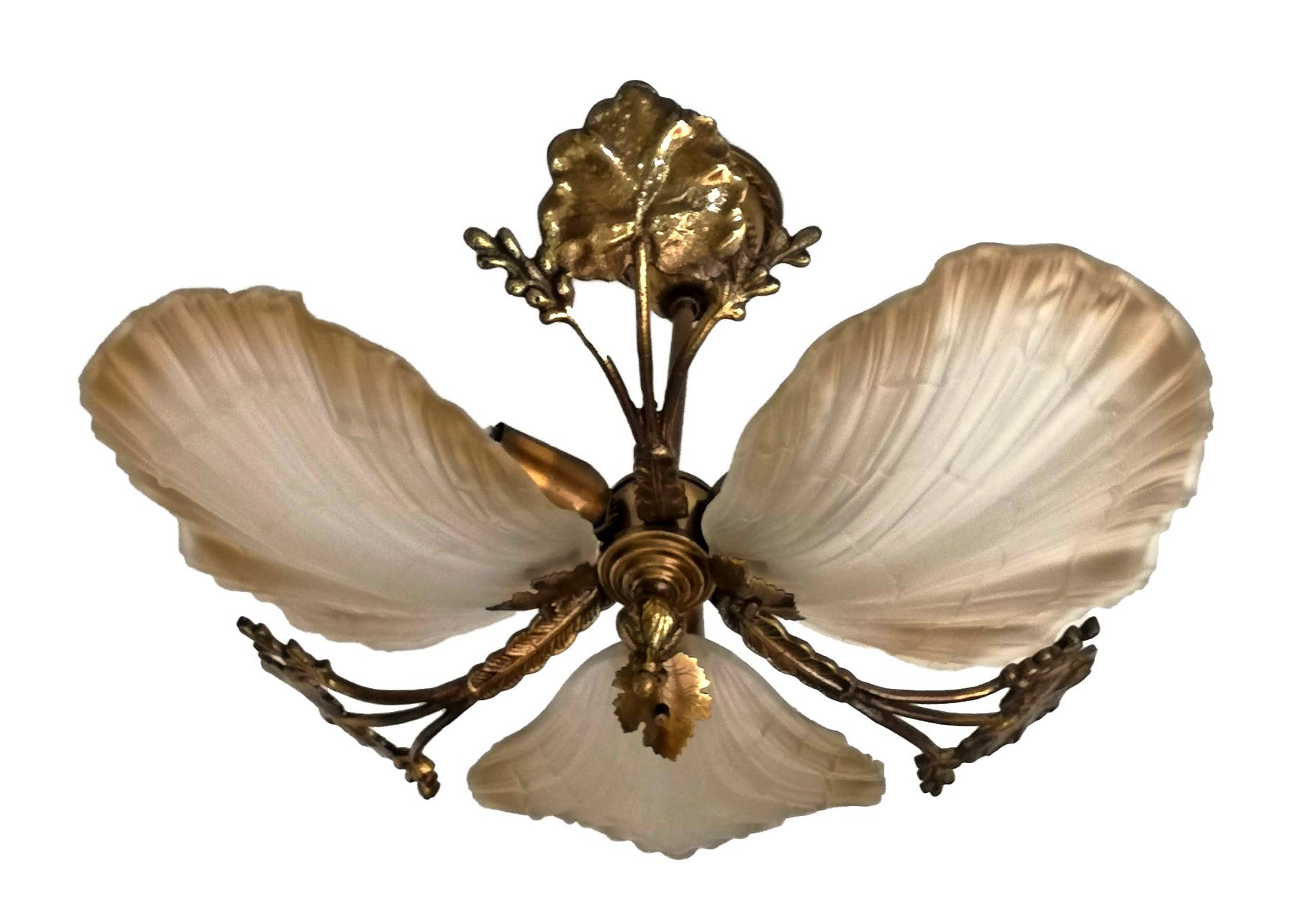Brass French Art Nouveau Hollywood Regency Chandelier, Gilt Bronze and Amber Glass