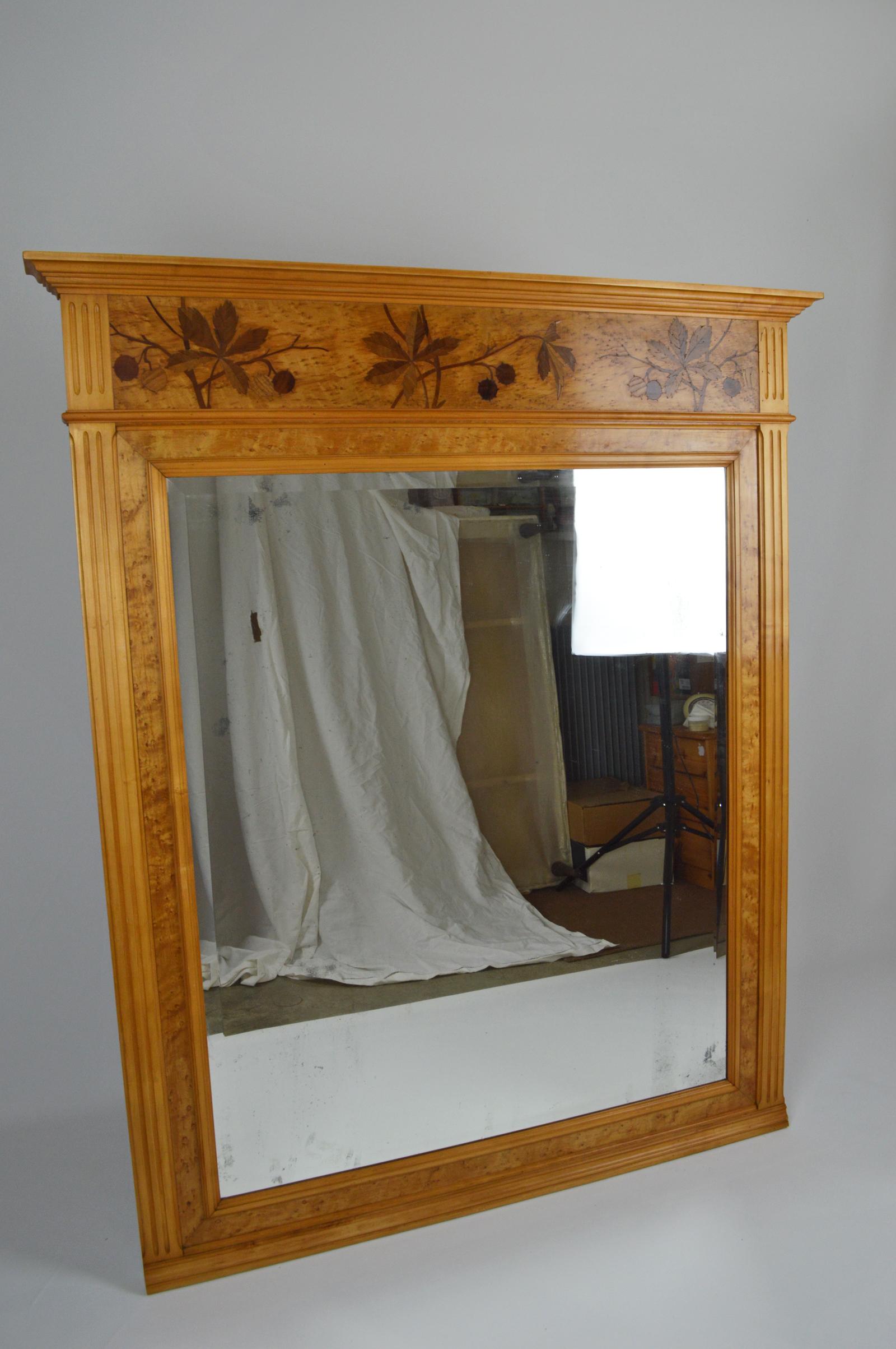 French Art Nouveau Inlaid Fireplace Mantel Mirror, Horse-Chestnut Theme, 1900s In Good Condition For Sale In L'Etang, FR