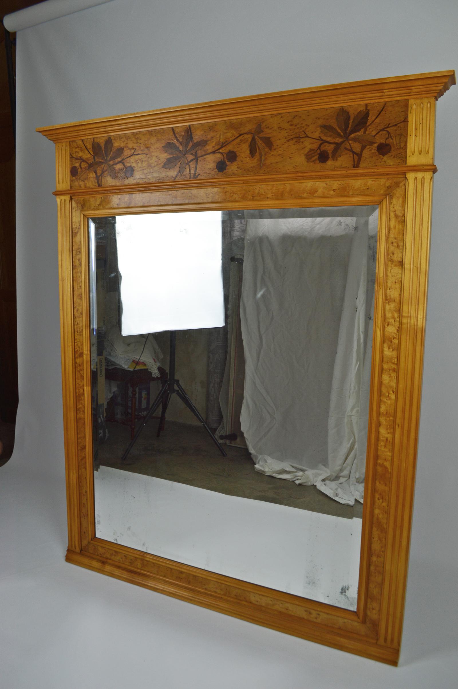 Early 20th Century French Art Nouveau Inlaid Fireplace Mantel Mirror, Horse-Chestnut Theme, 1900s For Sale