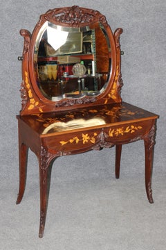 French Art Nouveau Inlaid Walnut and Satinwood ladies Vanity Manner Galle