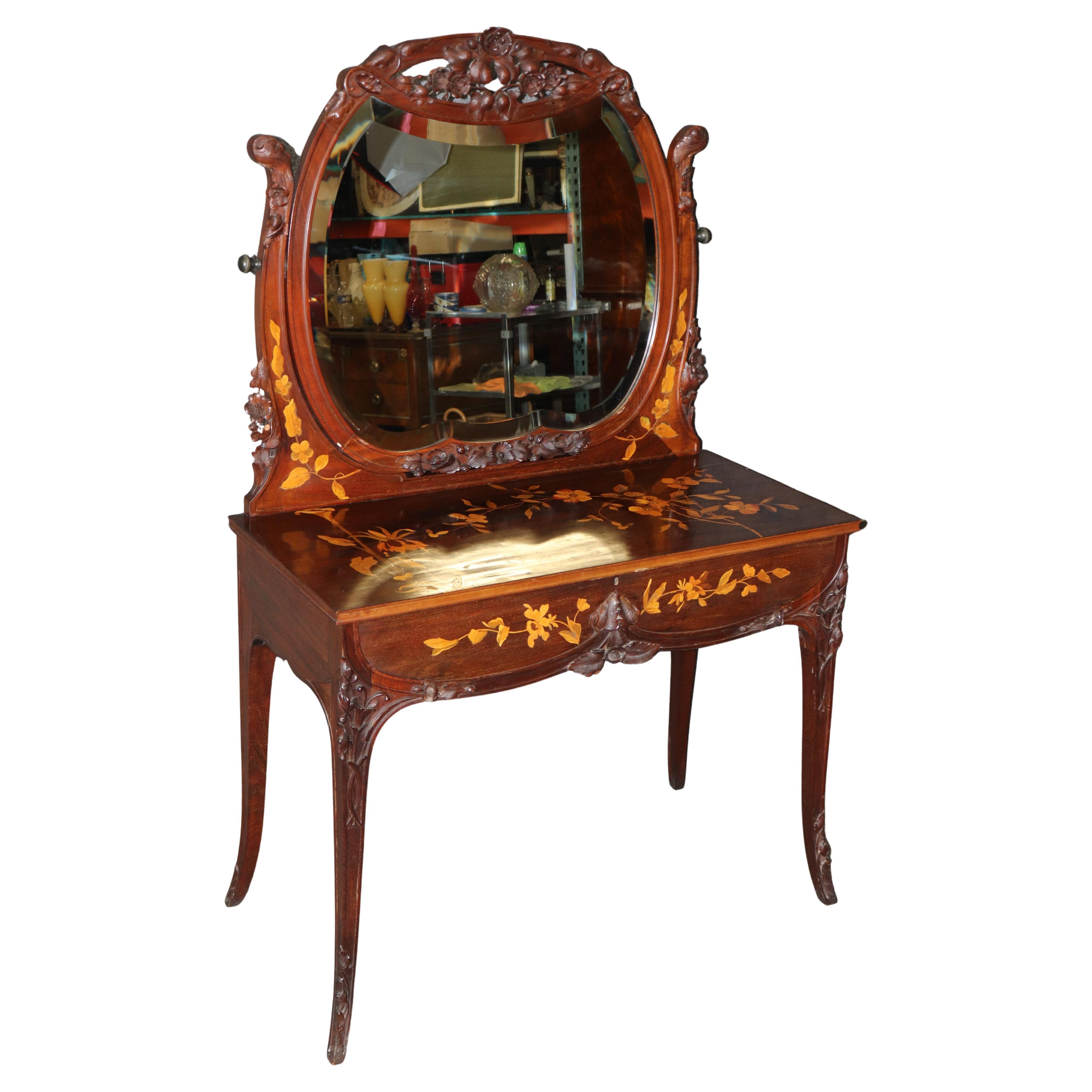 Vanità francese Art Nouveau intarsiata in noce e legno satinato da donna Galle in vendita