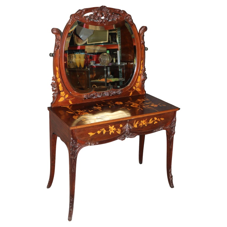 French Art Nouveau Inlaid Walnut and Satinwood ladies Vanity Manner Galle  For Sale at 1stDibs