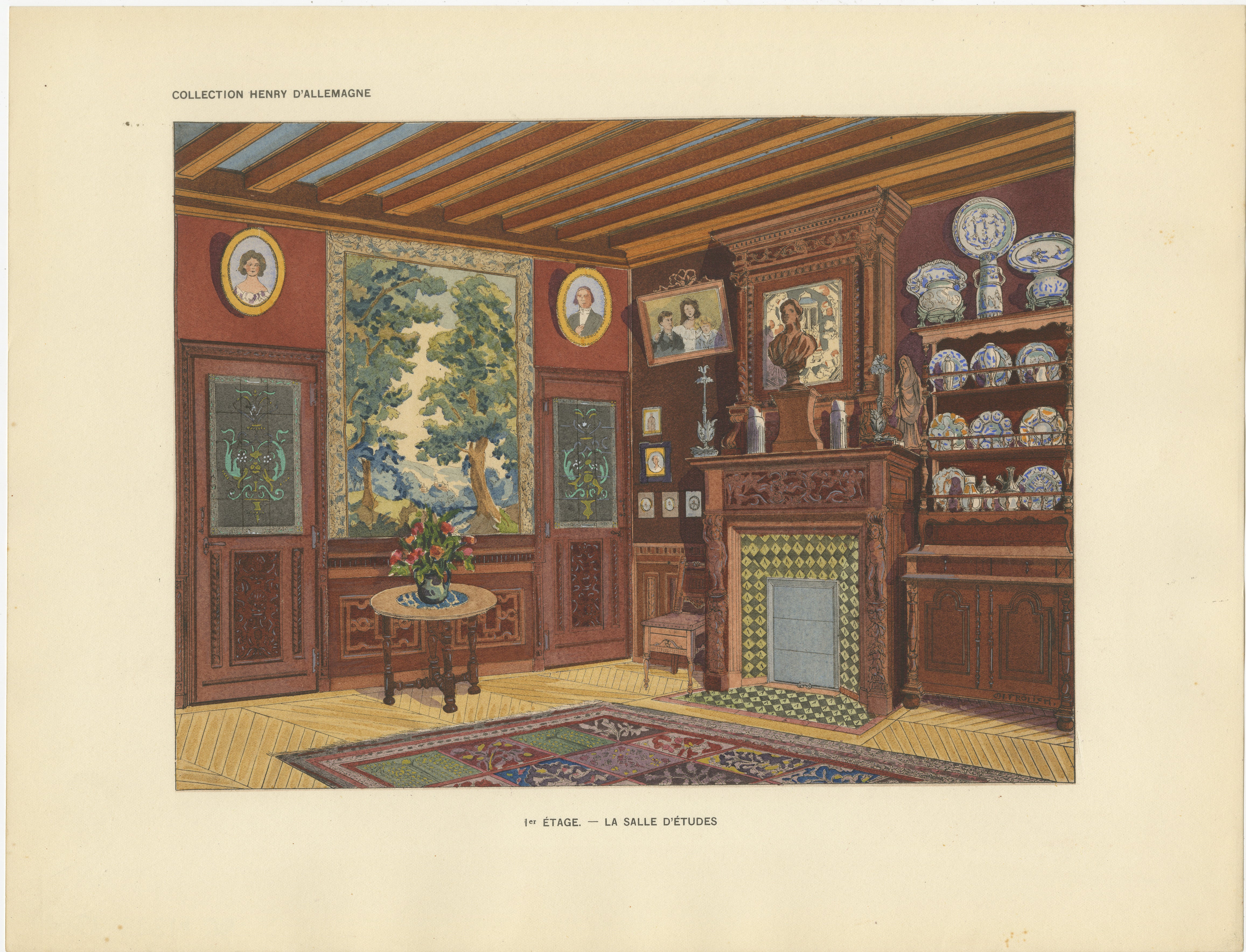 French Art Nouveau Interior Study with Delft Faience Collection, c.1900