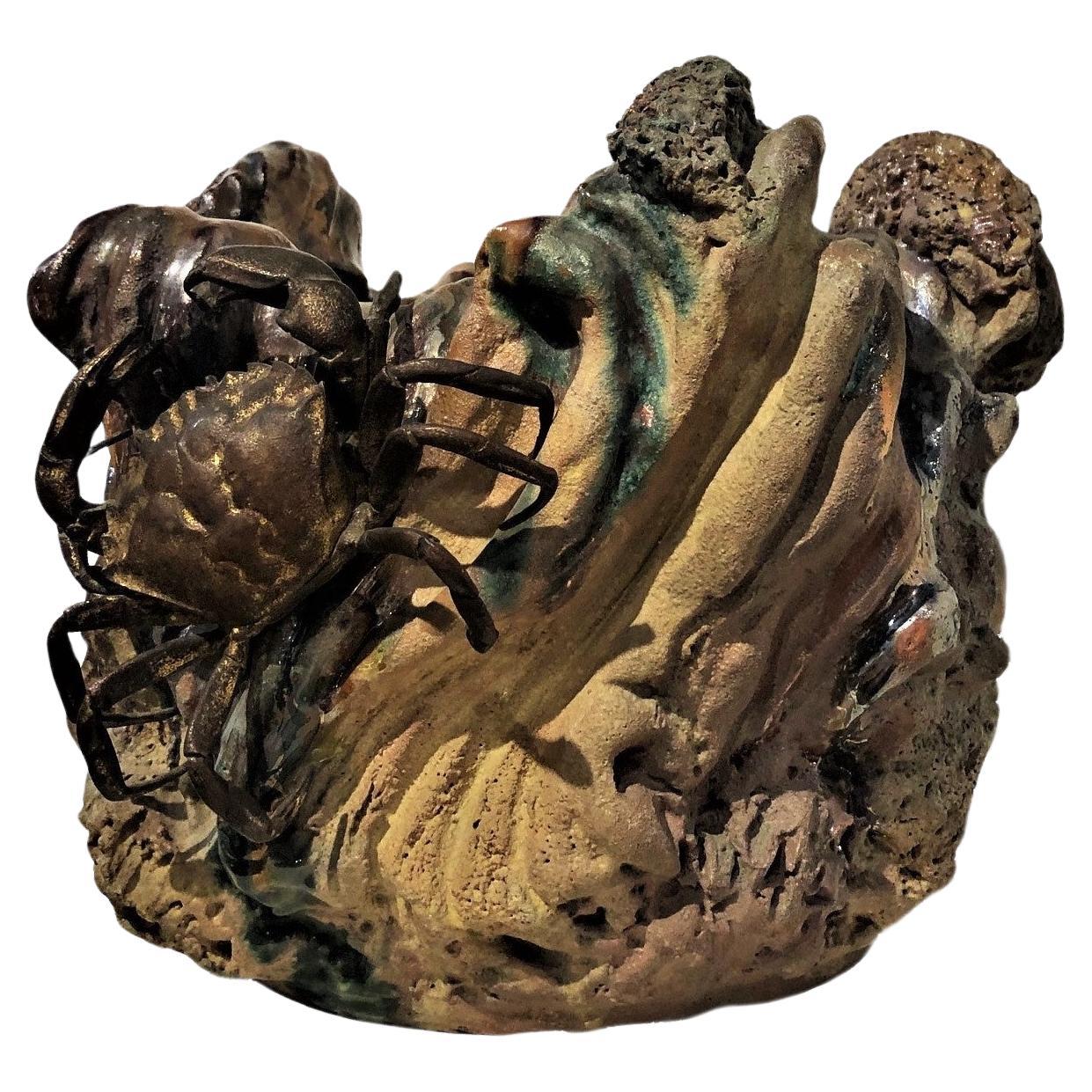 Französische Jugendstilvase oder Übertopf aus schillerndem Steingut und Bronze, ca. 1900er Jahre 
