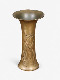 French Art Nouveau Iris Relief Repoussé Brass Vase