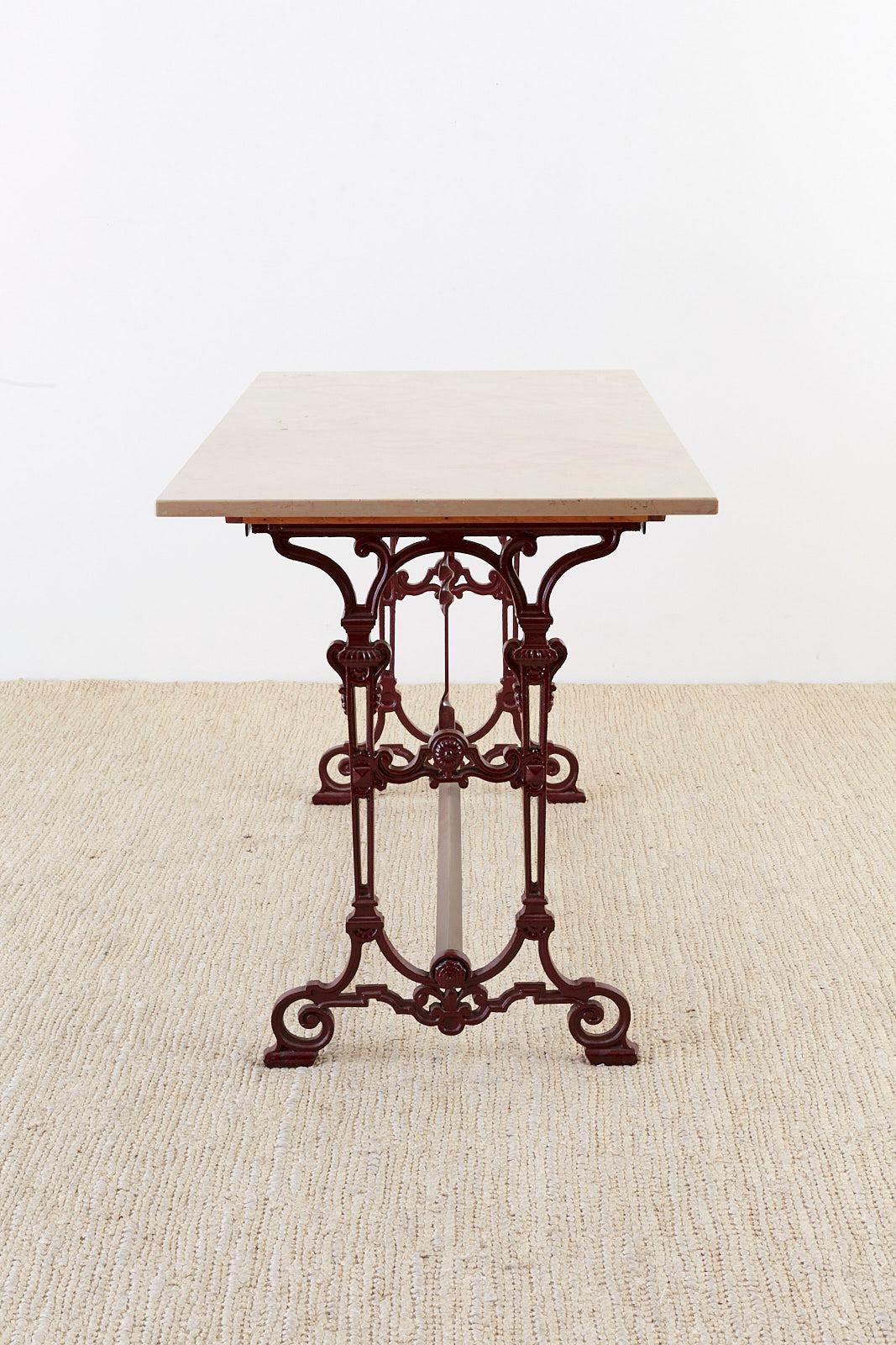 Polished French Art Nouveau Iron and Marble Bistro Table