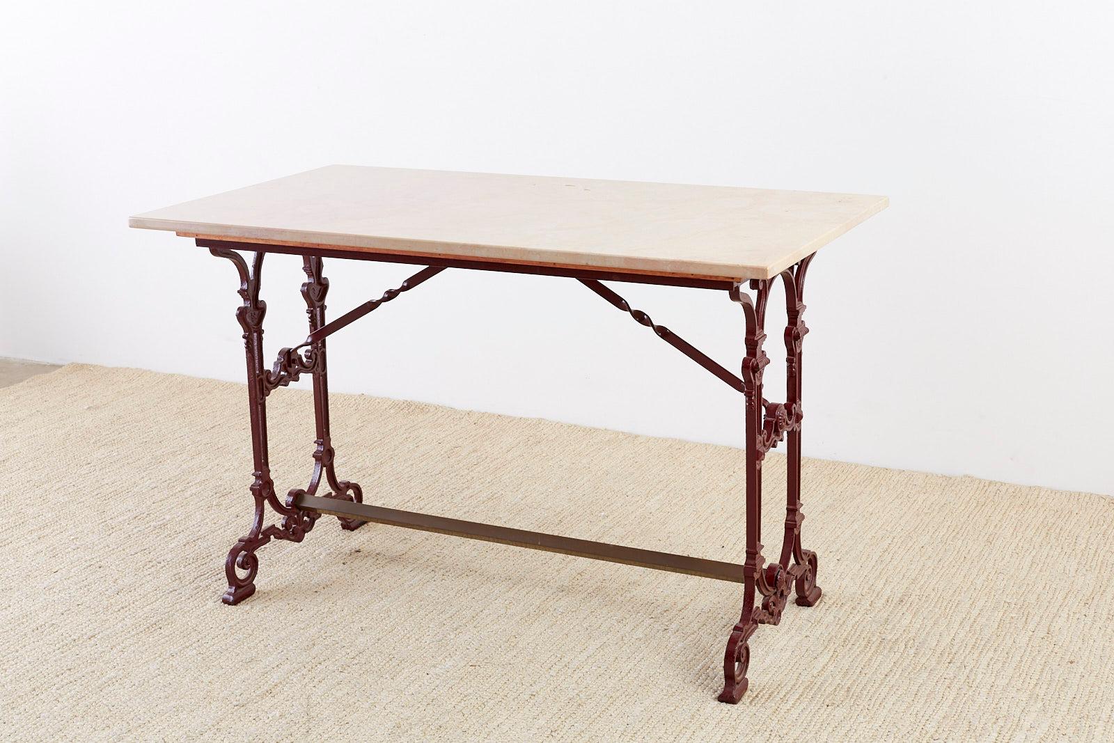 Wood French Art Nouveau Iron and Marble Bistro Table