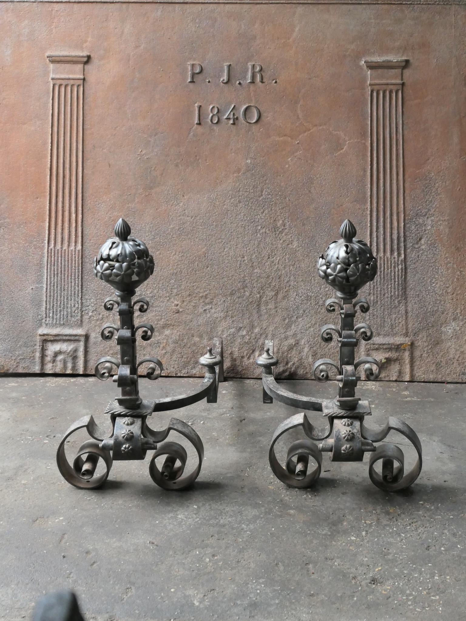 Forged French Art Nouveau Iron Andirons For Sale