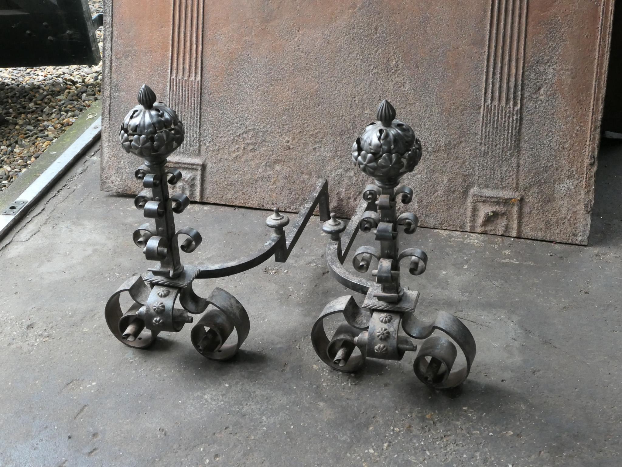 Wrought Iron French Art Nouveau Iron Andirons For Sale