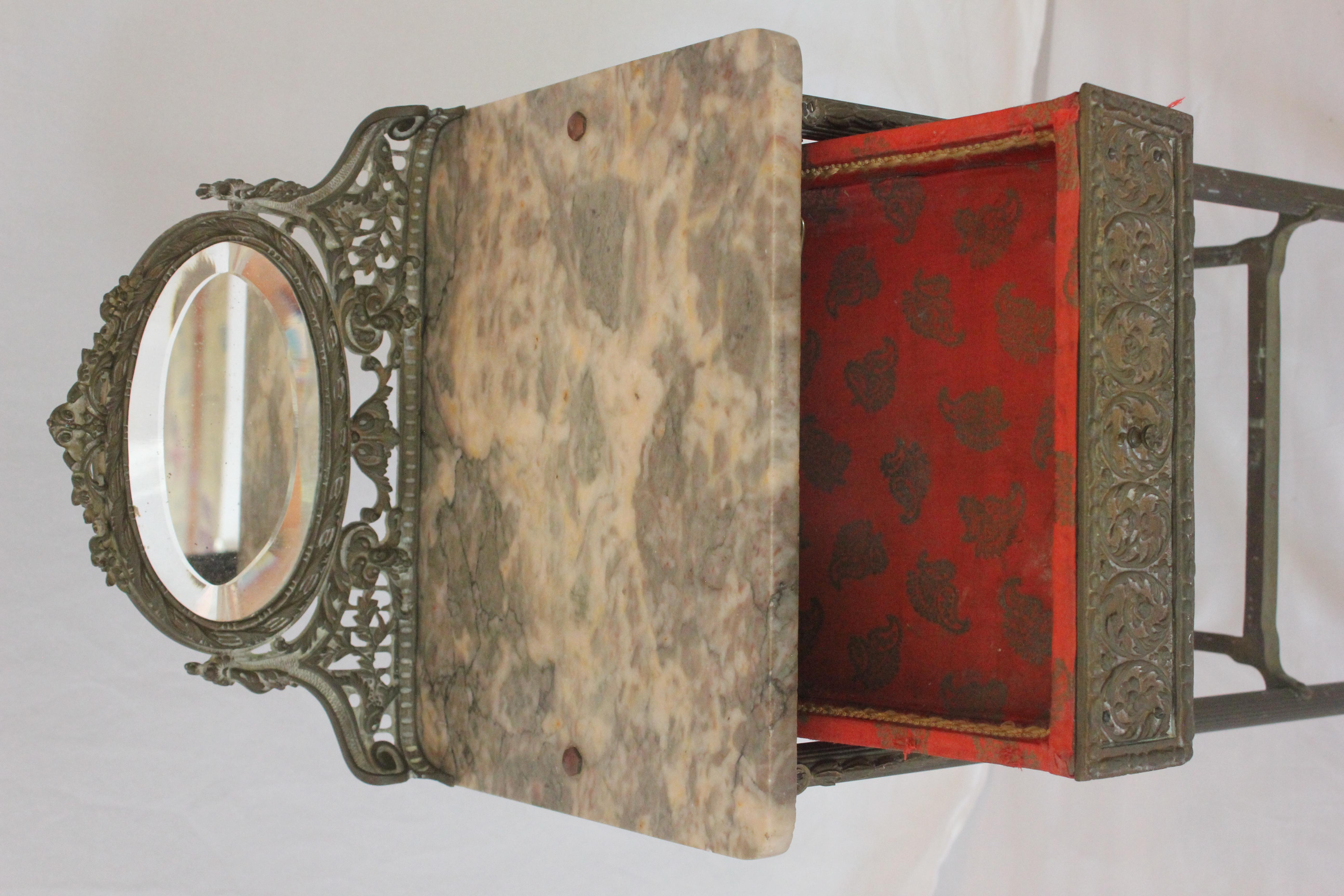 French Art Nouveau Iron, Brass & Marble Side Table W/ Mirror Early 20th Century  In Good Condition For Sale In Los Angeles, CA