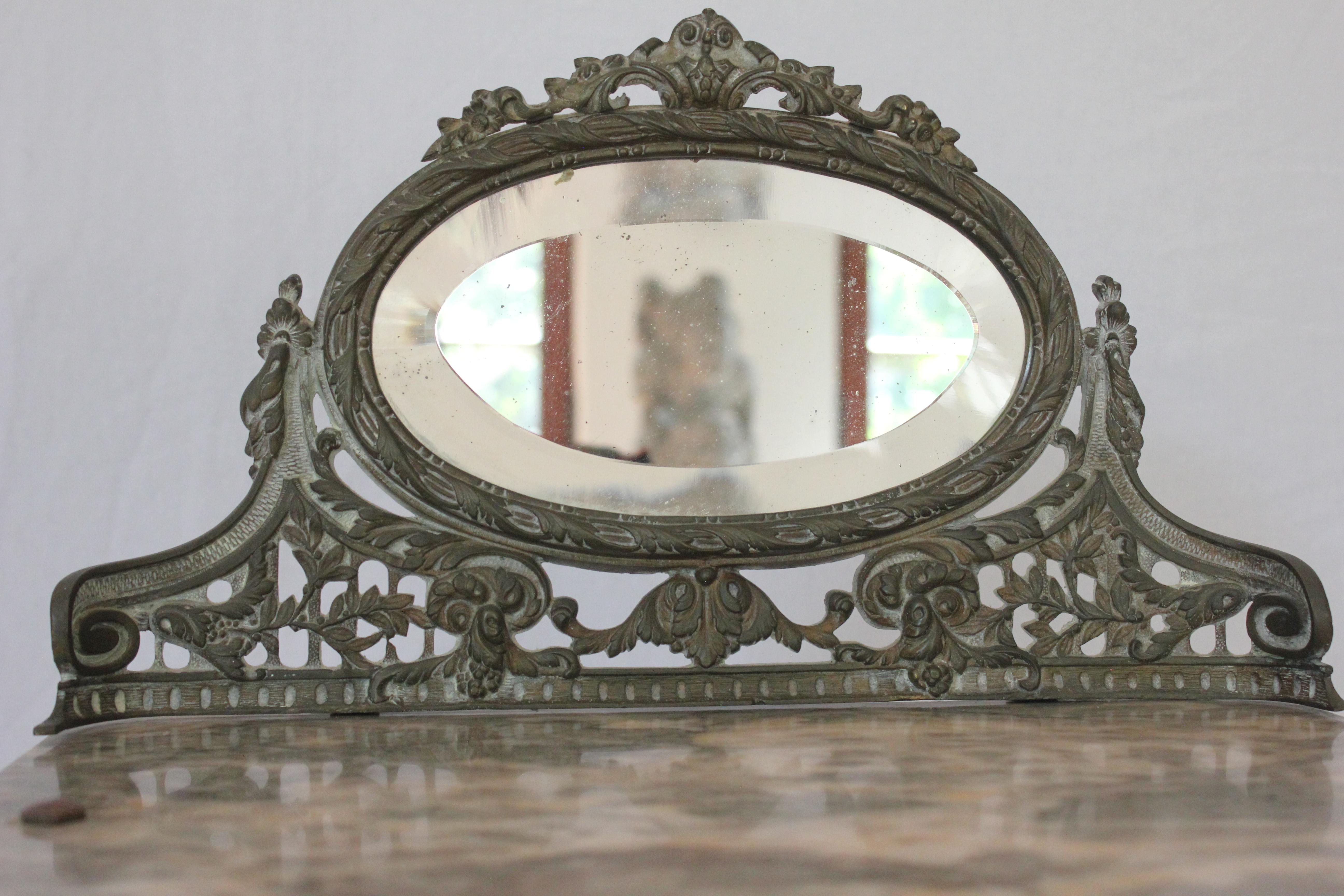 French Art Nouveau Iron, Brass & Marble Side Table W/ Mirror Early 20th Century  For Sale 2