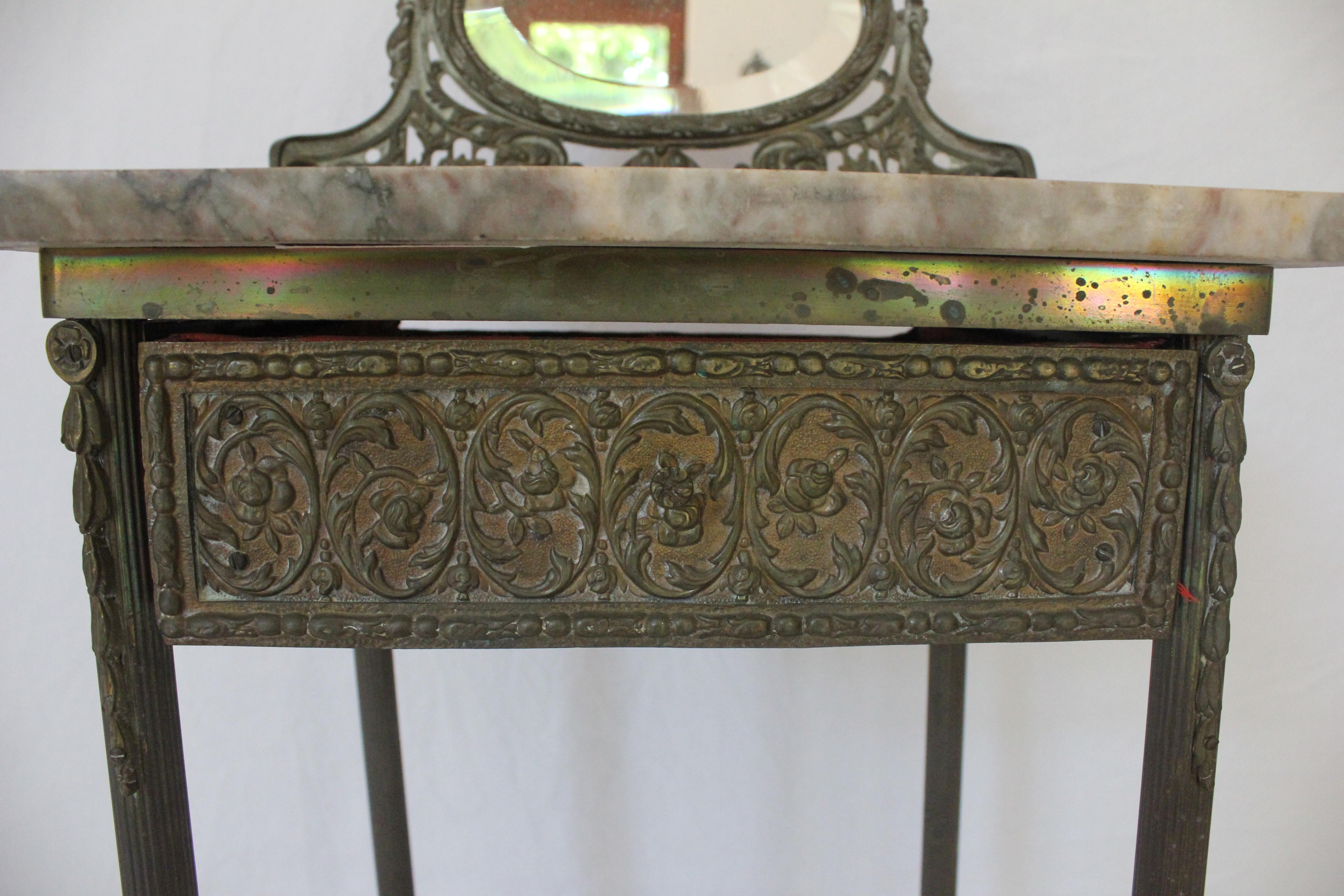 French Art Nouveau Iron, Brass & Marble Side Table W/ Mirror Early 20th Century  For Sale 3