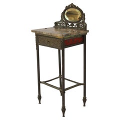 Antique French Art Nouveau Iron, Brass & Marble Side Table W/ Mirror Early 20th Century 