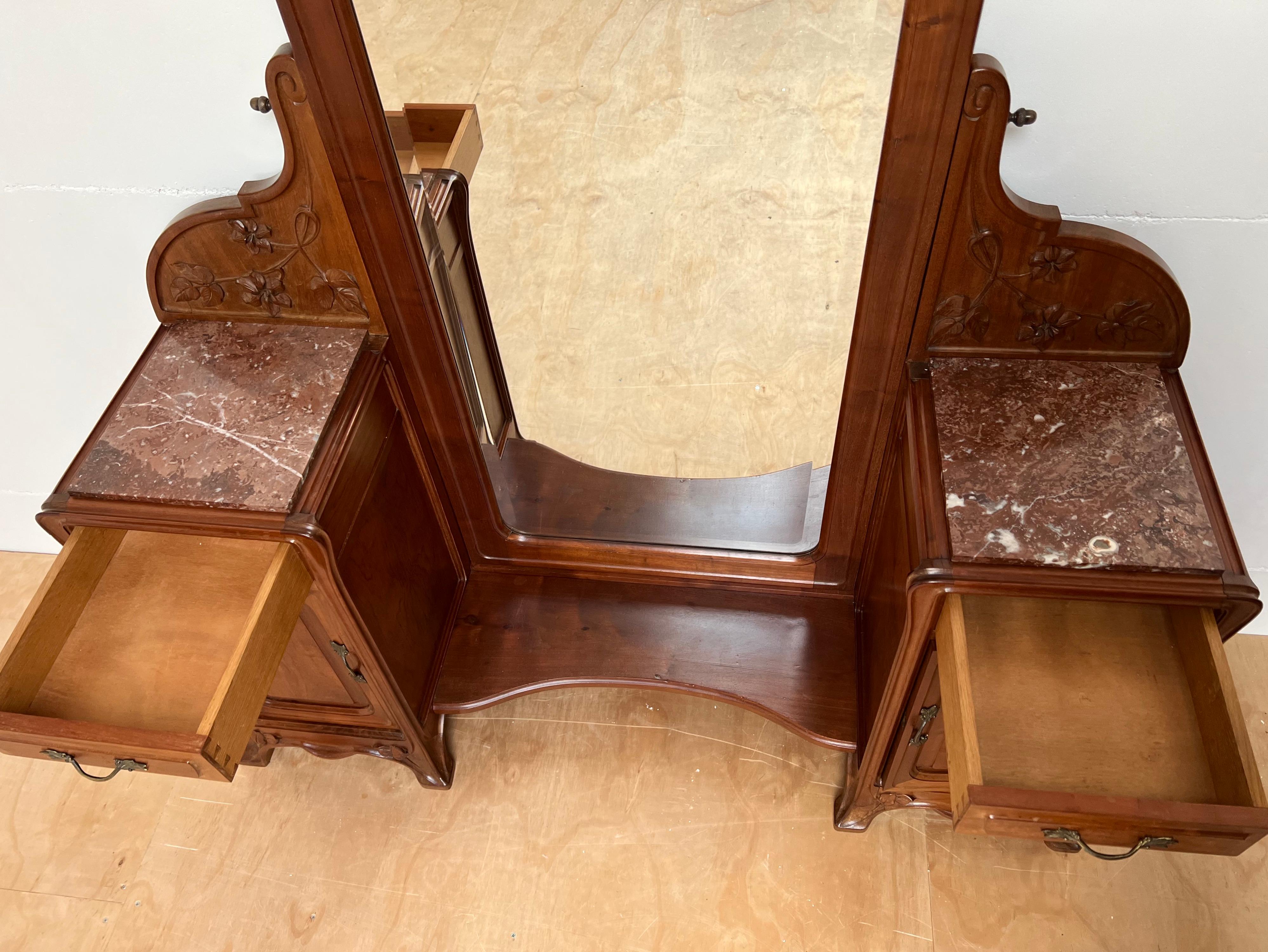 French Art Nouveau Lady's Dressing or Vanity w. Cabinets & Large Tilting Mirror For Sale 9