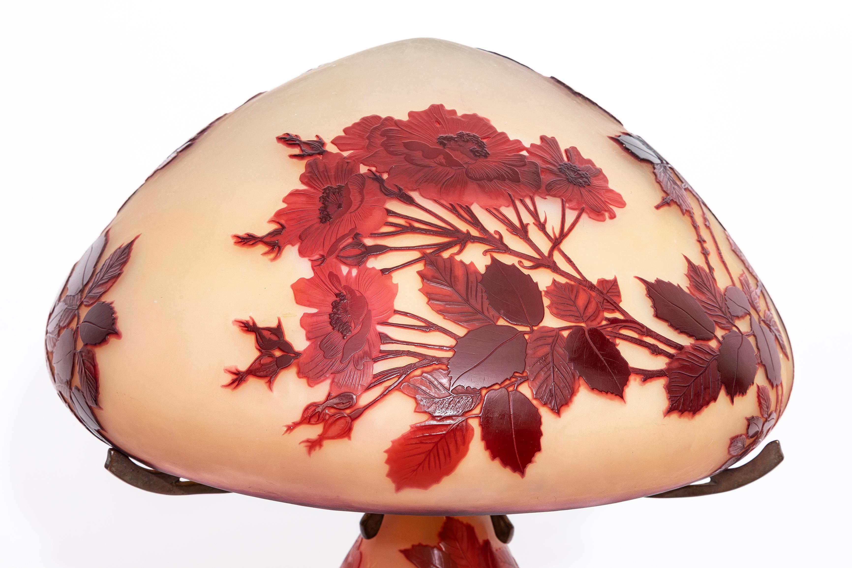 Bronze French Art Nouveau Lamp by Emile Galle Cameo Cut Glass in Red Sunset Colors For Sale
