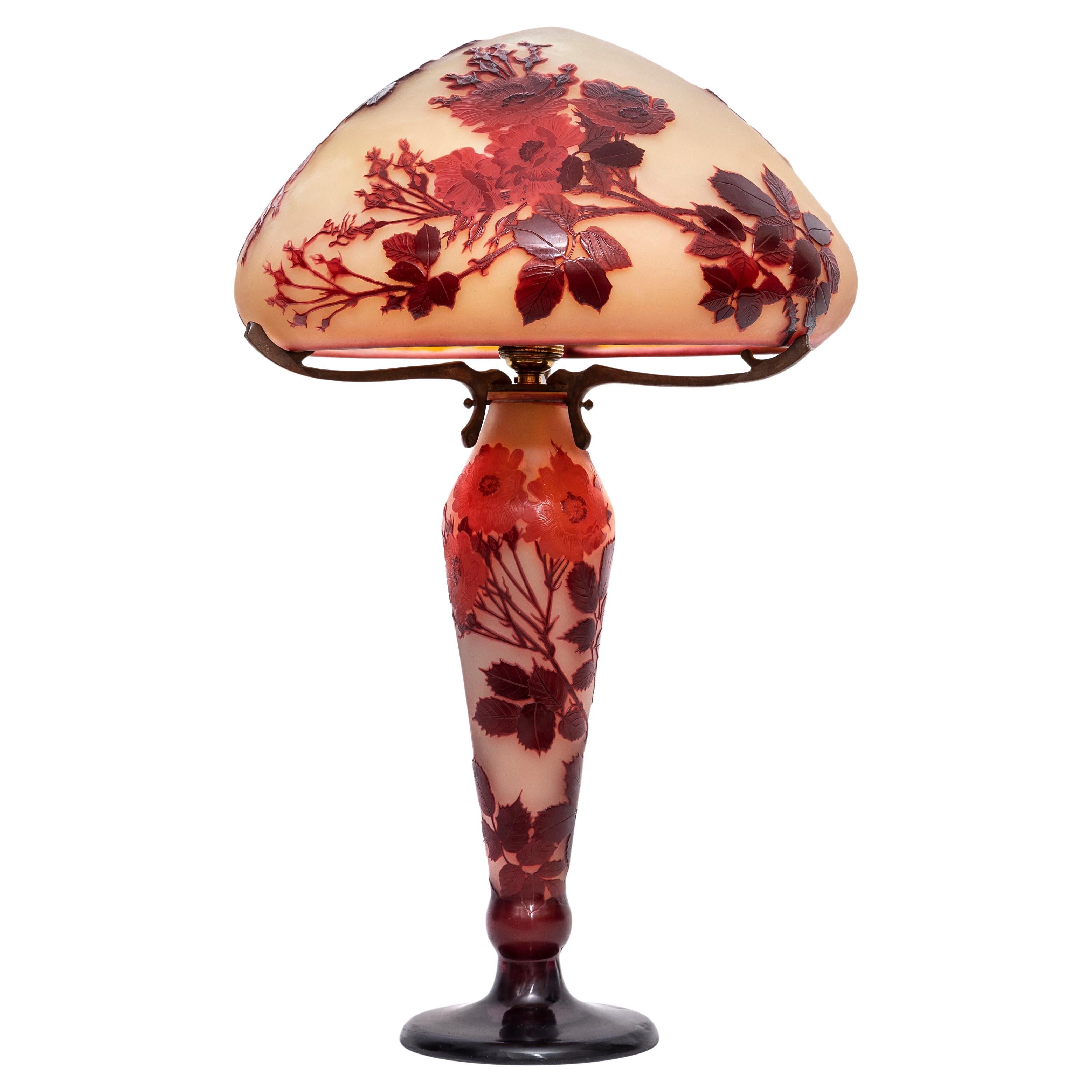 French Art Nouveau Lamp by Emile Galle Cameo Cut Glass in Red Sunset Colors For Sale