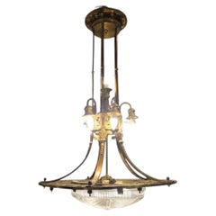 French art nouveau lamp in gilt bronze and frosted and cut glass