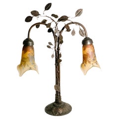 Antique French Art Nouveau Lamp in Wrought Iron and Patè De Verre Early XX Century