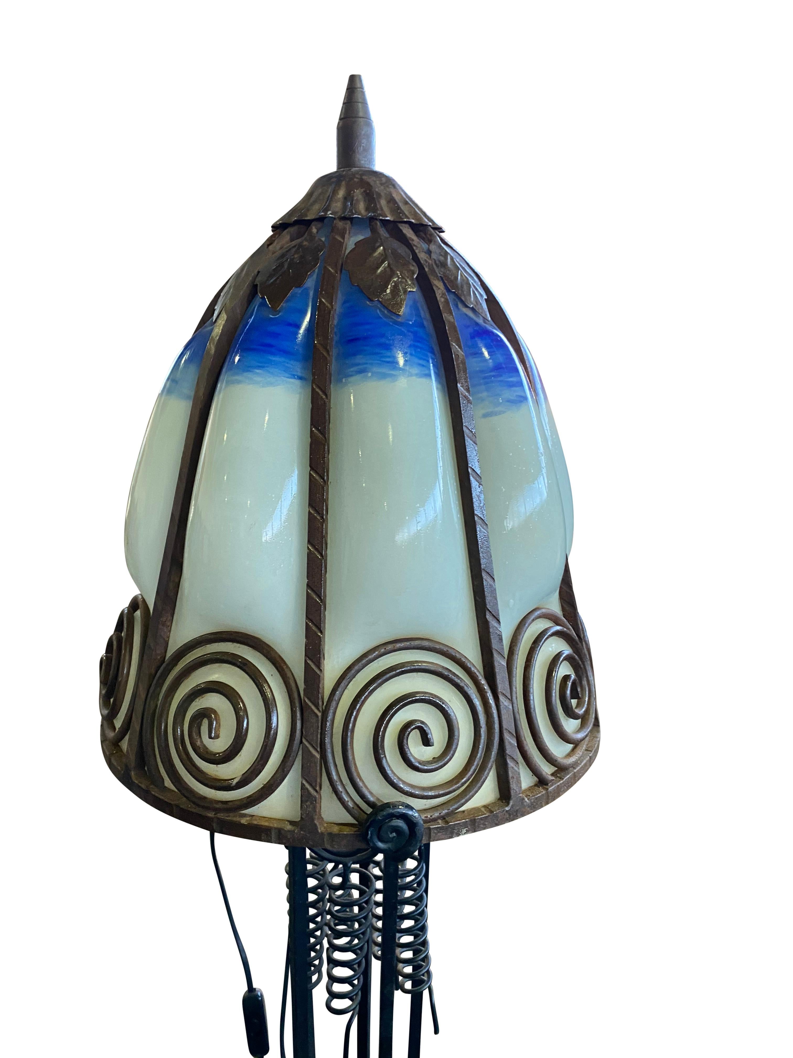 Hand-Crafted French Art Nouveau Lamp in Wrought Iron with Coloured Glass Shades Signed For Sale