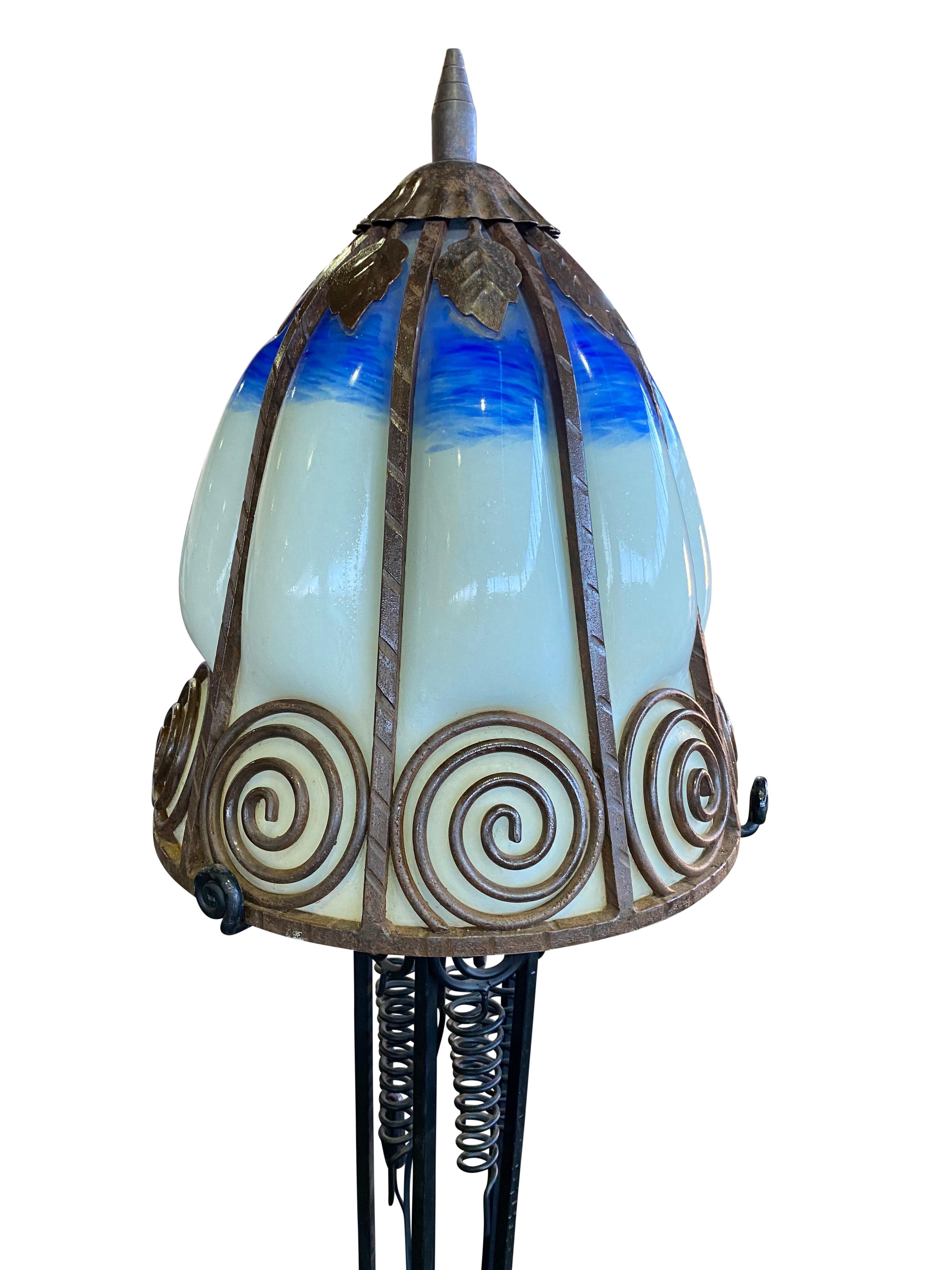 French Art Nouveau Lamp in Wrought Iron with Coloured Glass Shades Signed In Good Condition For Sale In London, GB