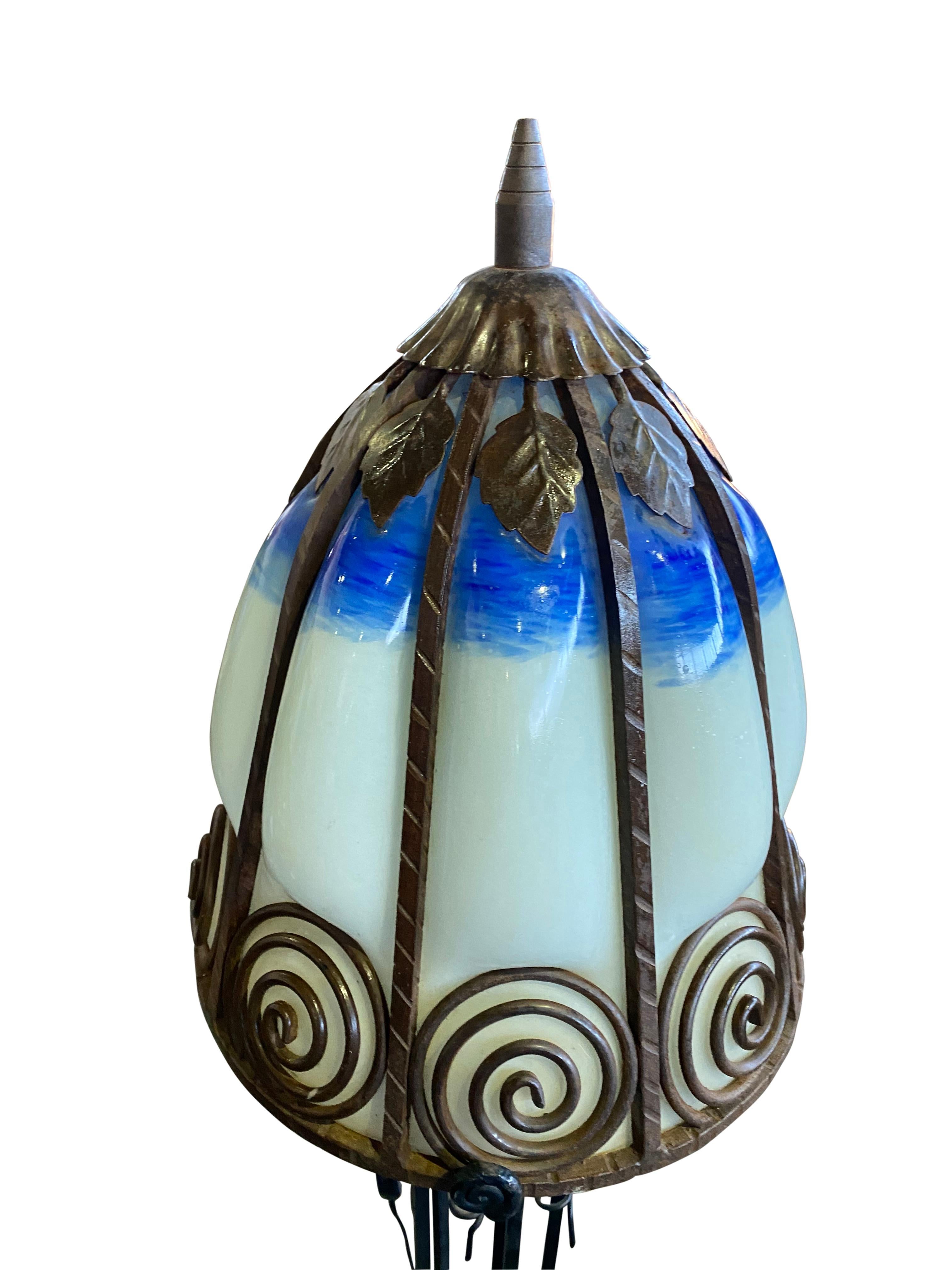 20th Century French Art Nouveau Lamp in Wrought Iron with Coloured Glass Shades Signed For Sale