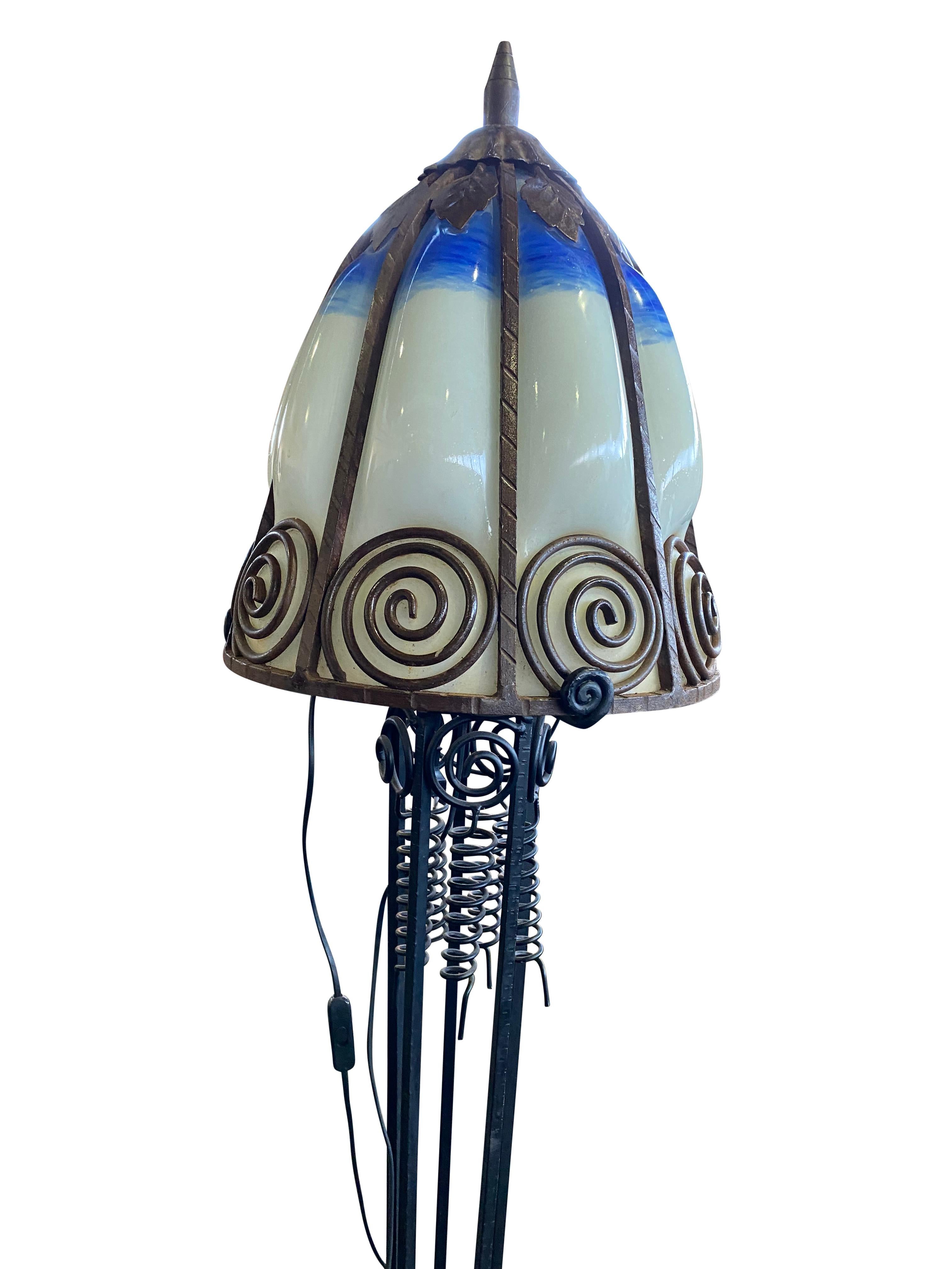 French Art Nouveau Lamp in Wrought Iron with Coloured Glass Shades Signed For Sale 2