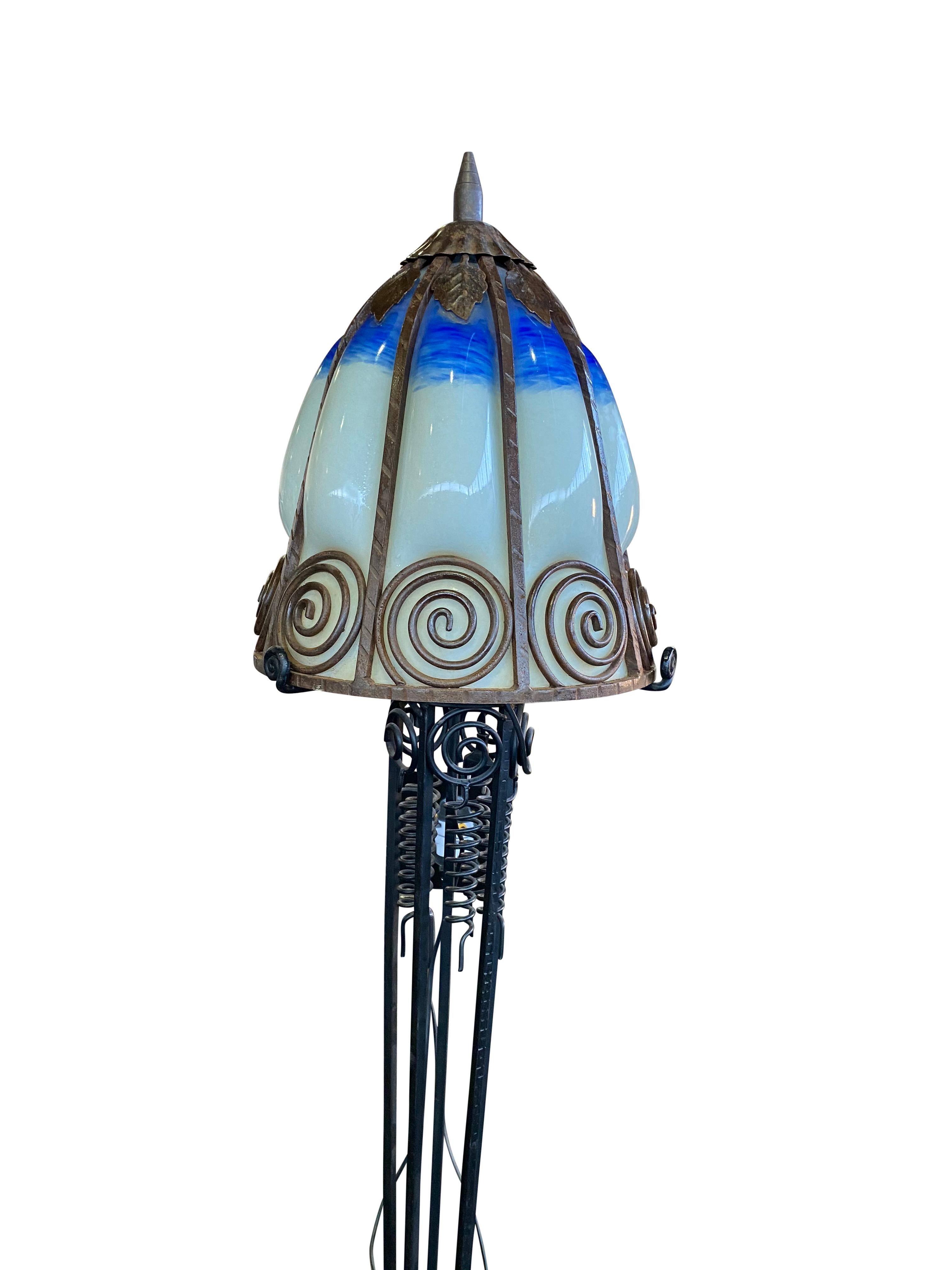 French Art Nouveau Lamp in Wrought Iron with Coloured Glass Shades Signed For Sale 3