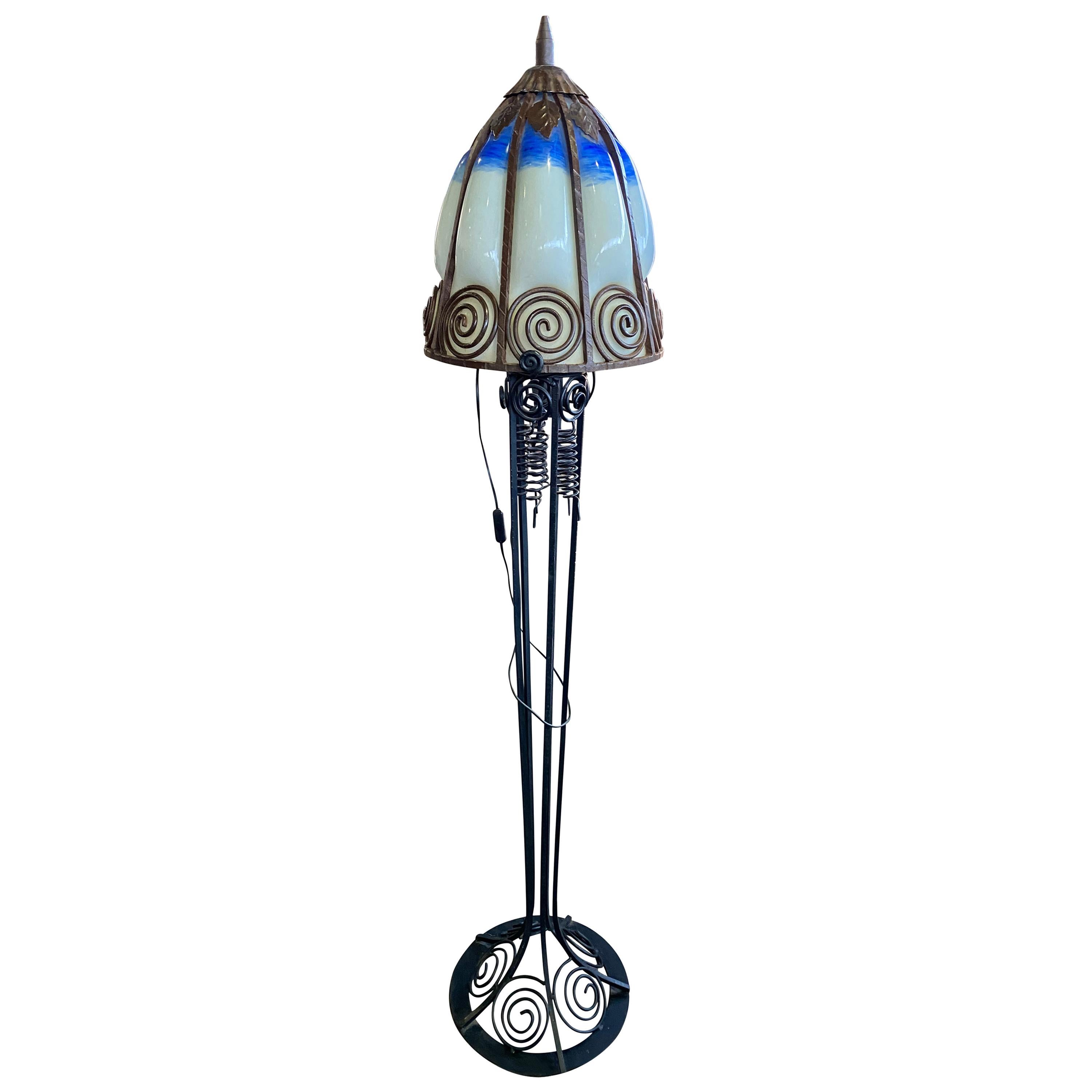 French Art Nouveau Lamp in Wrought Iron with Coloured Glass Shades Signed For Sale