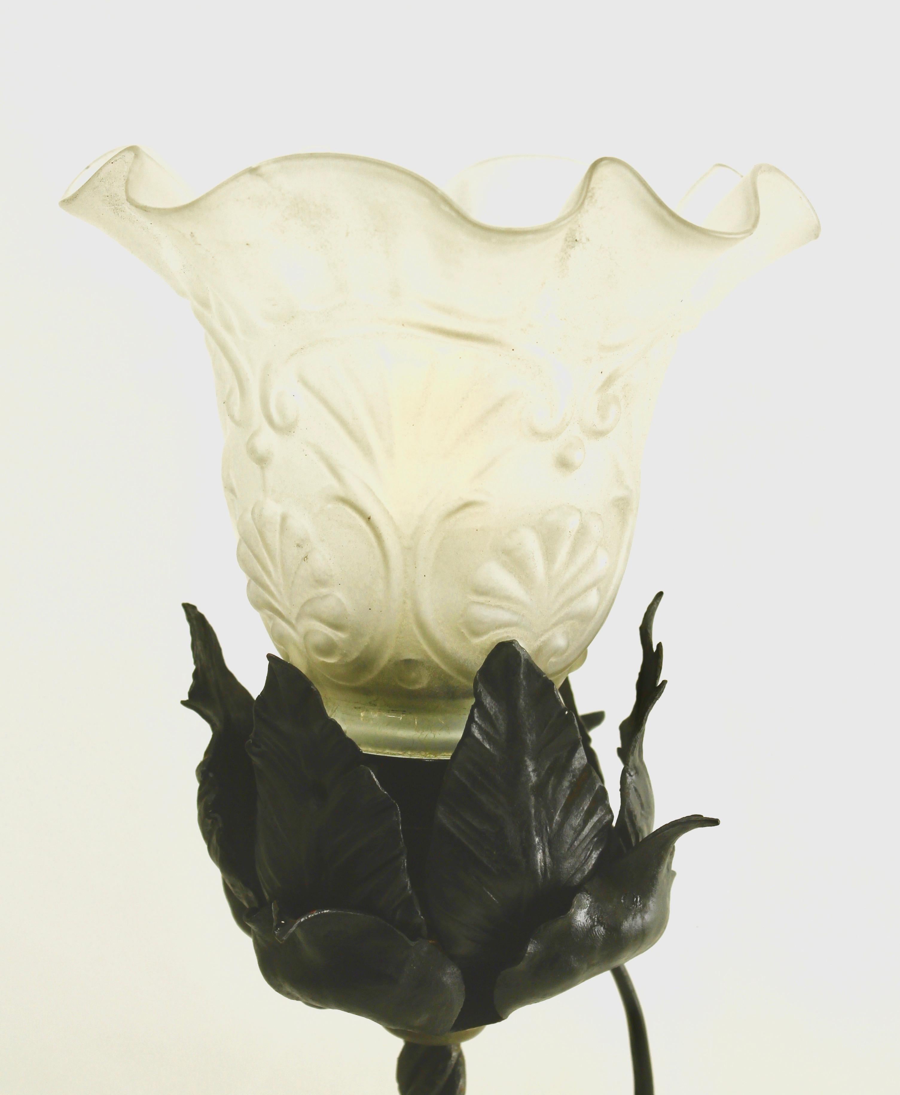 French Art Nouveau Lamp in Wrought Iron with Glass Shade, 1910s 2