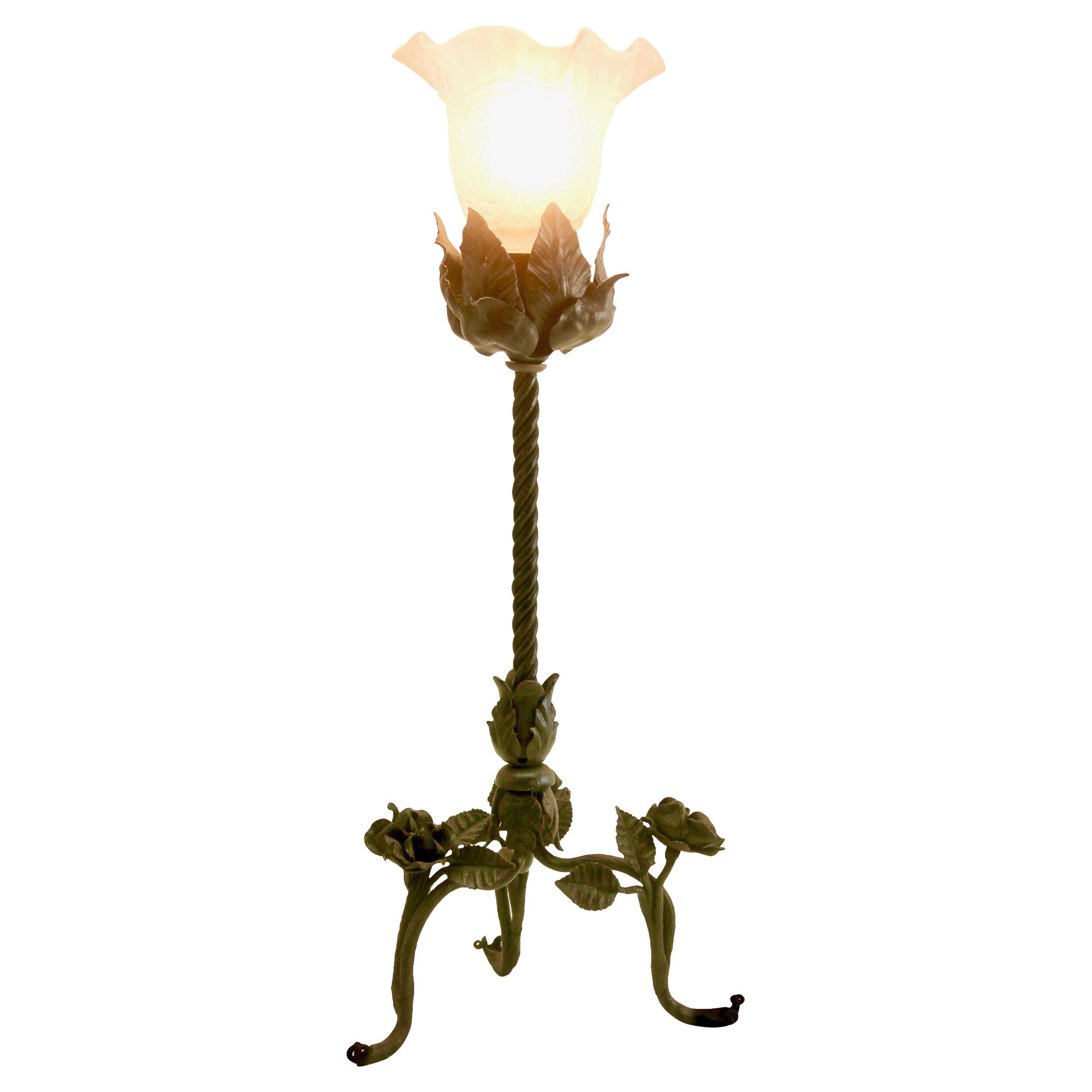French Art Nouveau Lamp in Wrought Iron with Glass Shade, 1910s