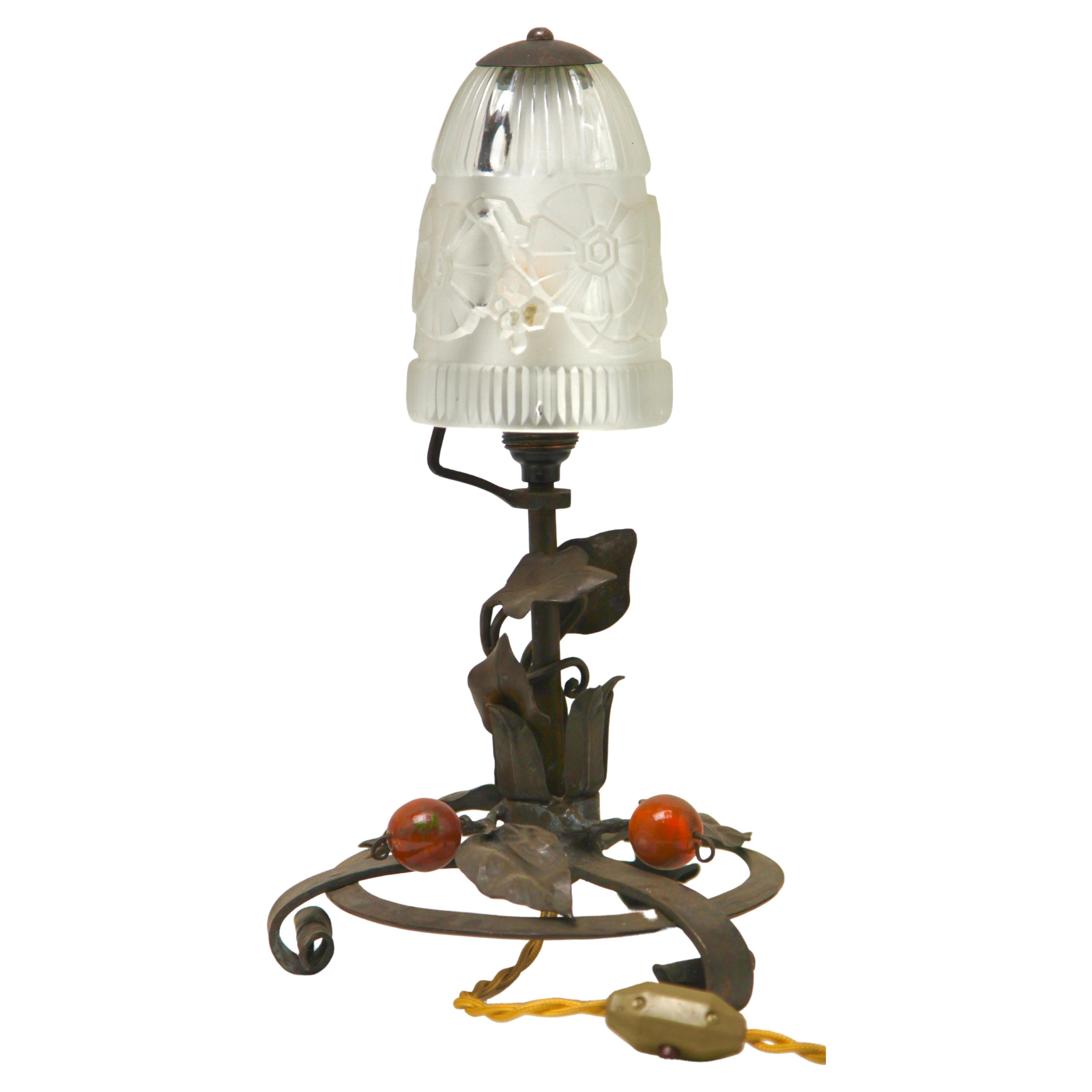 French Art Nouveau Lamp in Wrought Iron with Glass Shade, 1920s For Sale